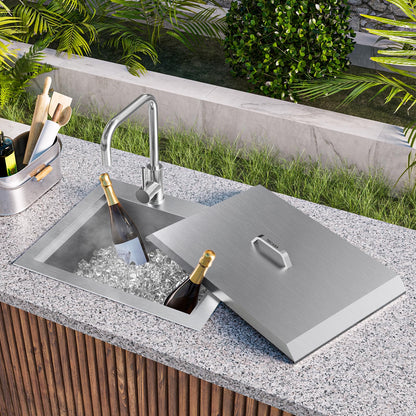 Outdoor Sink, TECASA 21 x 18 Inch Drop-in Workstation Kitchen Sink with Dust Lid and Faucet, T304 Stainless Steel Single Bowl Bar Basin with Cutting Board for Garage, RV, BBQ & Gardening - CookCave