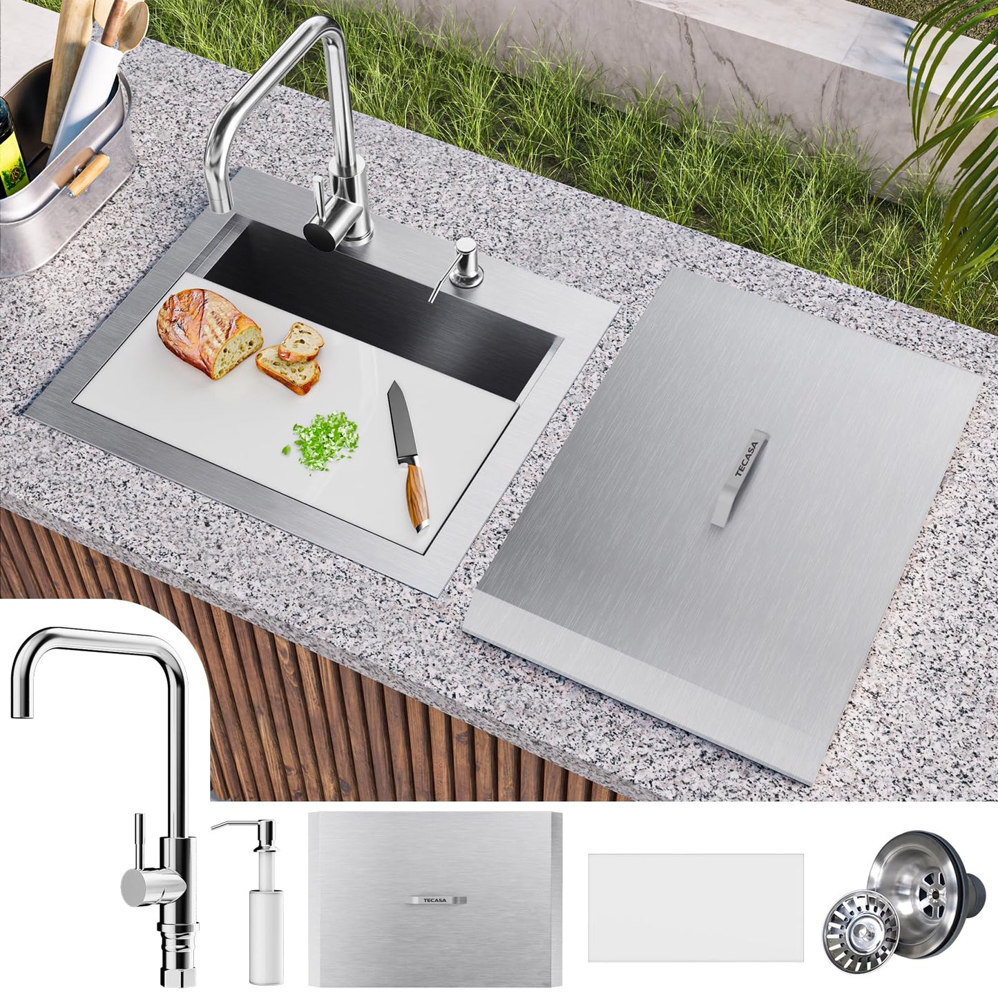 Outdoor Sink, TECASA 21 x 18 Inch Drop-in Workstation Kitchen Sink with Dust Lid and Faucet, T304 Stainless Steel Single Bowl Bar Basin with Cutting Board for Garage, RV, BBQ & Gardening - CookCave