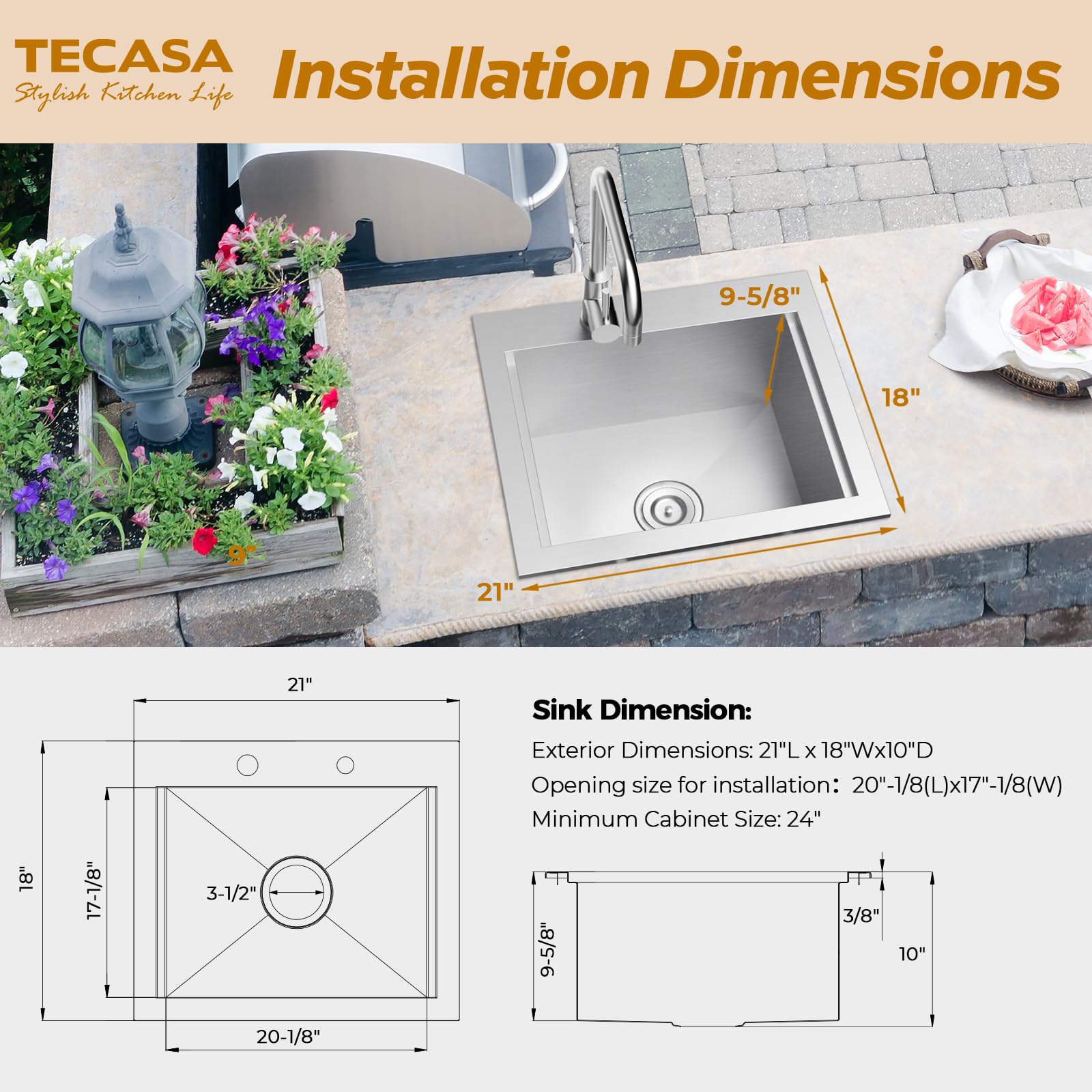 Outdoor Sink, TECASA 21 x 18 Inch Drop-in Workstation Kitchen Sink with Dust Lid and Faucet, T304 Stainless Steel Single Bowl Bar Basin with Cutting Board for Garage, RV, BBQ & Gardening - CookCave