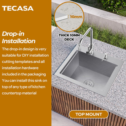 Outdoor Sink, TECASA 21 x 18 Inch Drop-in Workstation Kitchen Sink with Dust Lid and Faucet, T304 Stainless Steel Single Bowl Bar Basin with Cutting Board for Garage, RV, BBQ & Gardening - CookCave