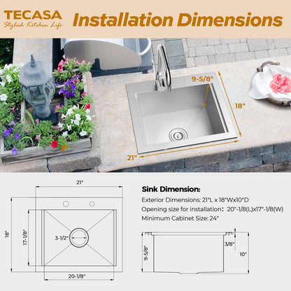 Outdoor Sink, TECASA 21 x 18 Inch Drop-in Workstation Kitchen Sink with Dust Lid and Faucet, T304 Stainless Steel Single Bowl Bar Basin with Cutting Board for Garage, RV, BBQ & Gardening - CookCave