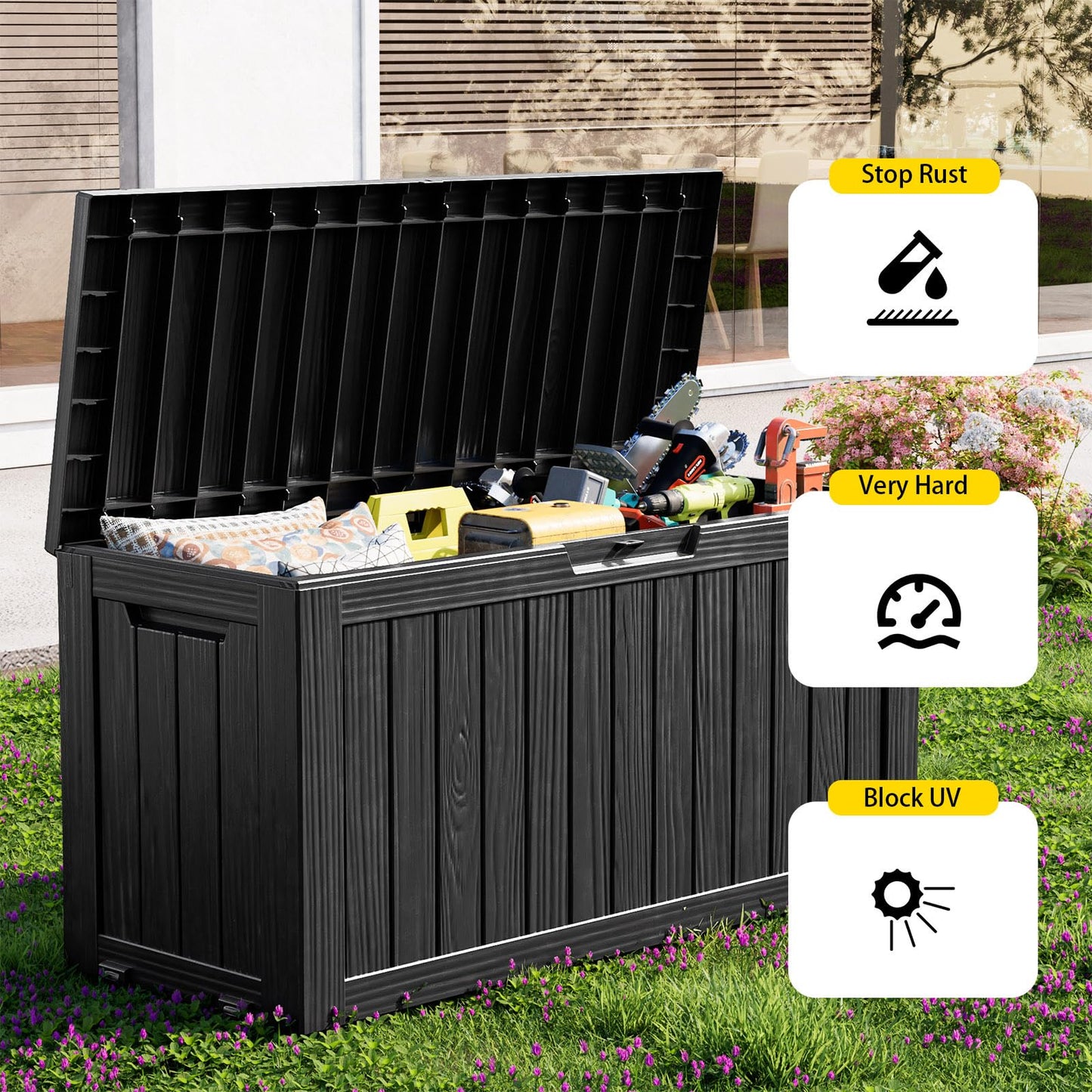 Outdoor Storage Box with Wheels – 75 Gallon Mobile Waterproof Resin Deck Box, Lockable Storage for Patio Cushions, Garden Tools, Pool Accessories – UV-Resistant Storage Bench for Backyard & Deck - CookCave
