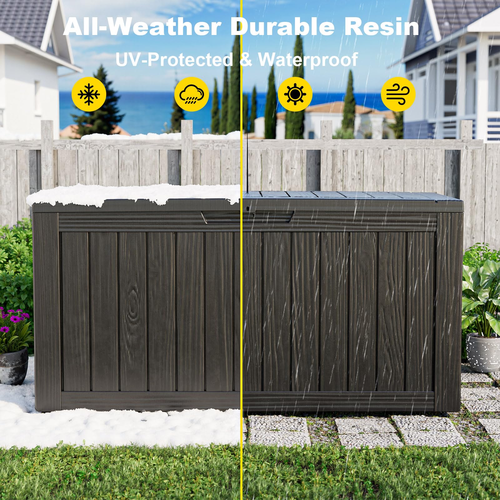 Outdoor Storage Box with Wheels – 75 Gallon Mobile Waterproof Resin Deck Box, Lockable Storage for Patio Cushions, Garden Tools, Pool Accessories – UV-Resistant Storage Bench for Backyard & Deck - CookCave