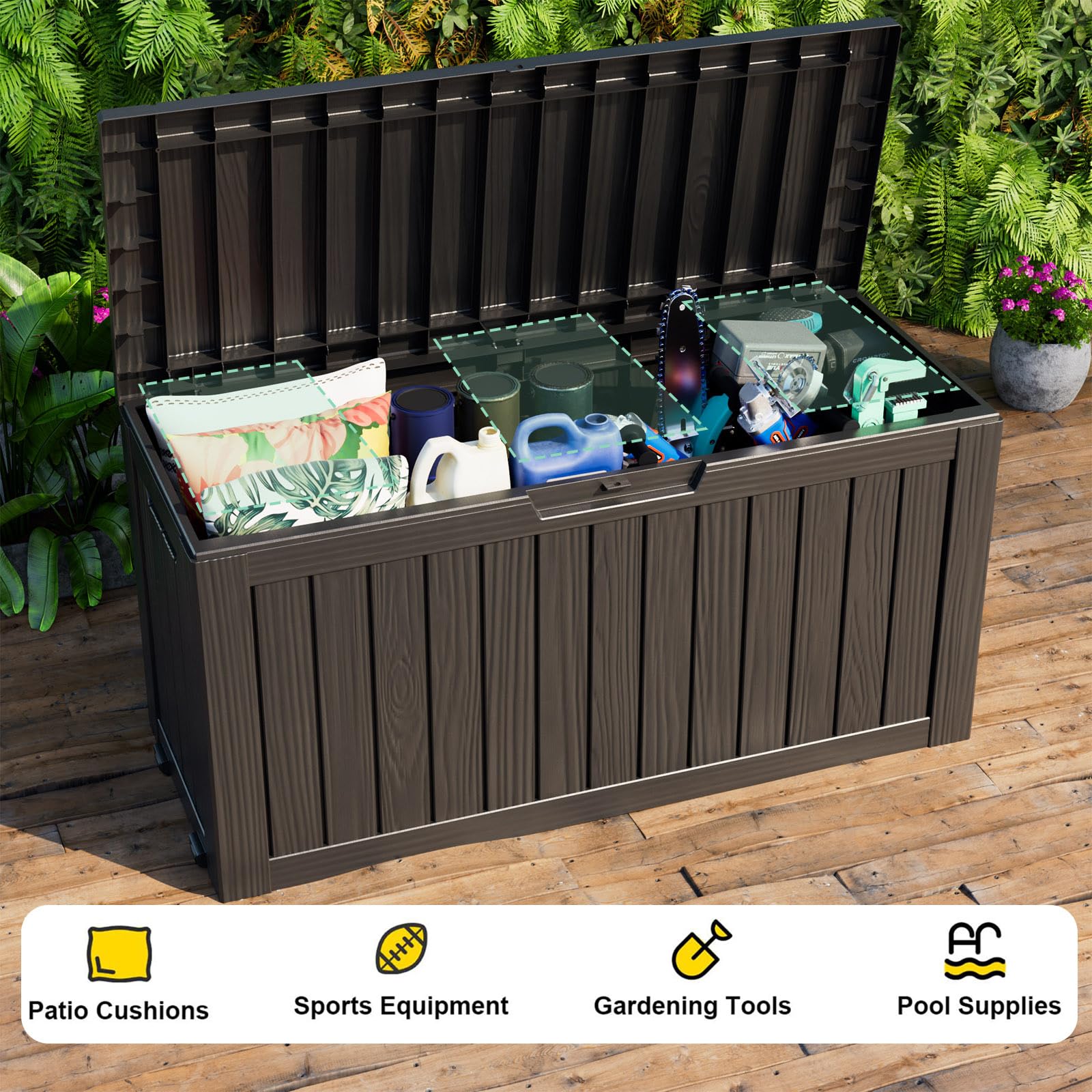 Outdoor Storage Box with Wheels – 75 Gallon Mobile Waterproof Resin Deck Box, Lockable Storage for Patio Cushions, Garden Tools, Pool Accessories – UV-Resistant Storage Bench for Backyard & Deck - CookCave