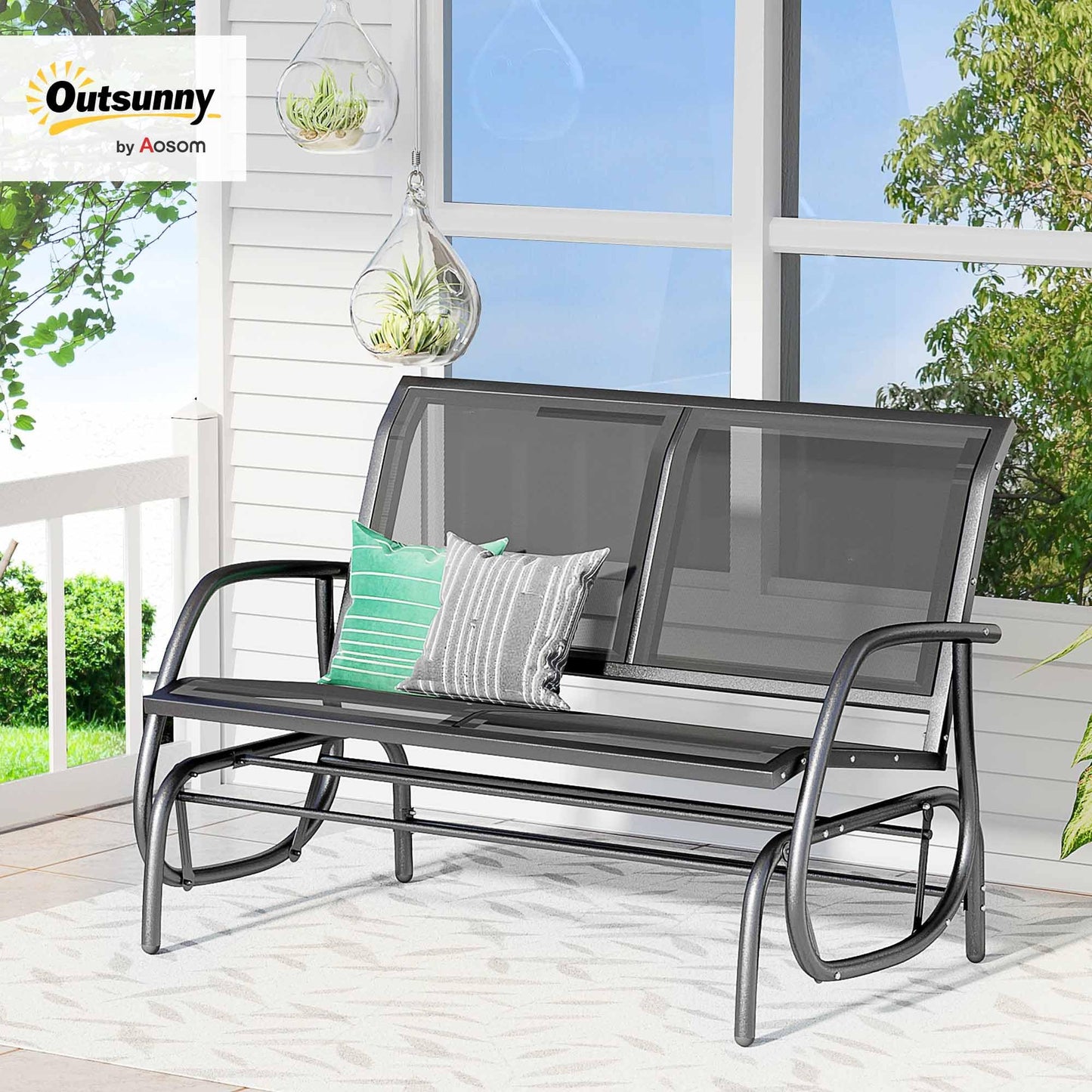Outsunny 2-Person Outdoor Glider Bench, Patio Double Swing Rocking Chair Loveseat w/Powder Coated Steel Frame for Backyard Garden Porch, Black - CookCave