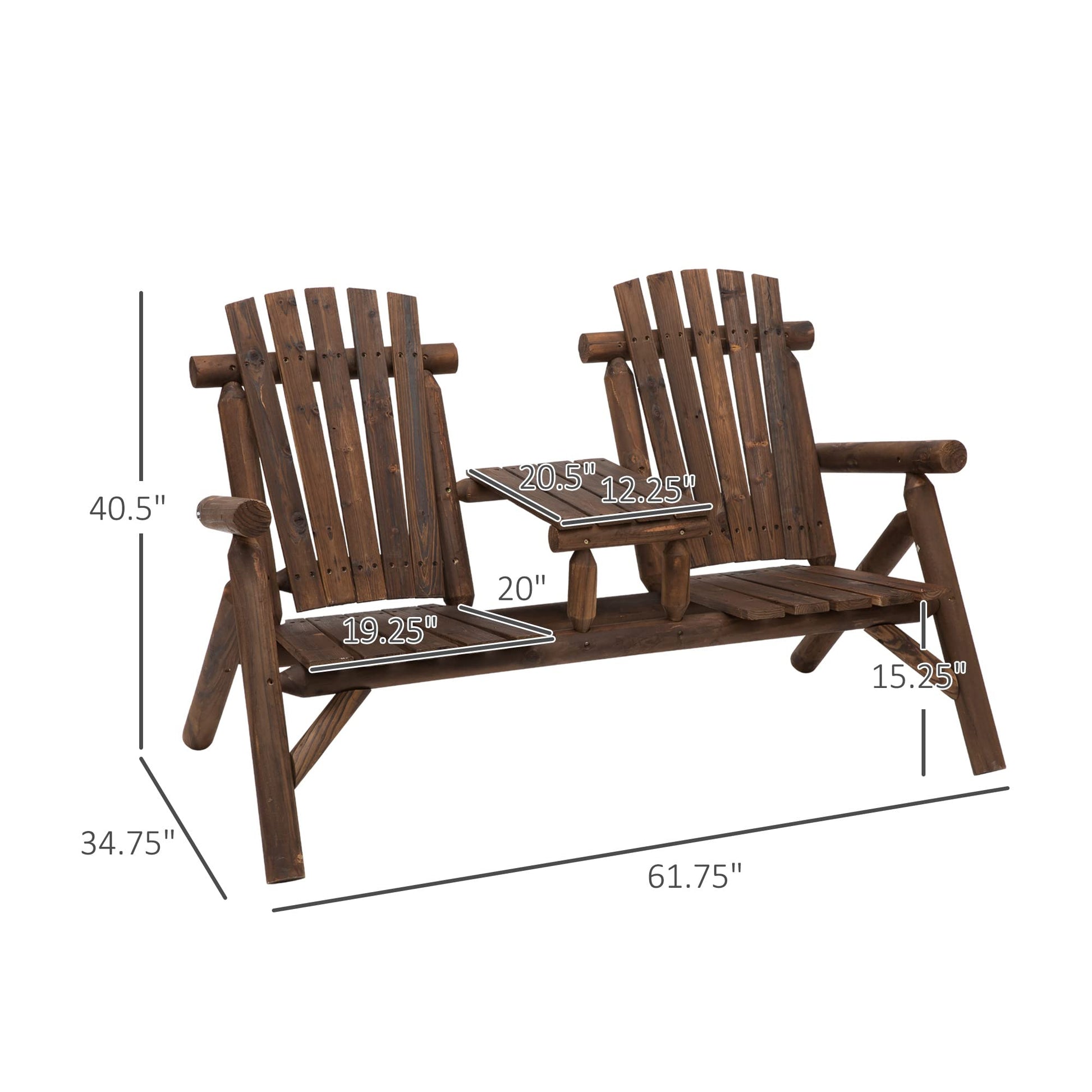 Outsunny 2-Seat Wooden Adirondack Chair, Patio Bench with Table, Outdoor Loveseat Fire Pit Chair for Porch, Backyard, Deck, Carbonized - CookCave