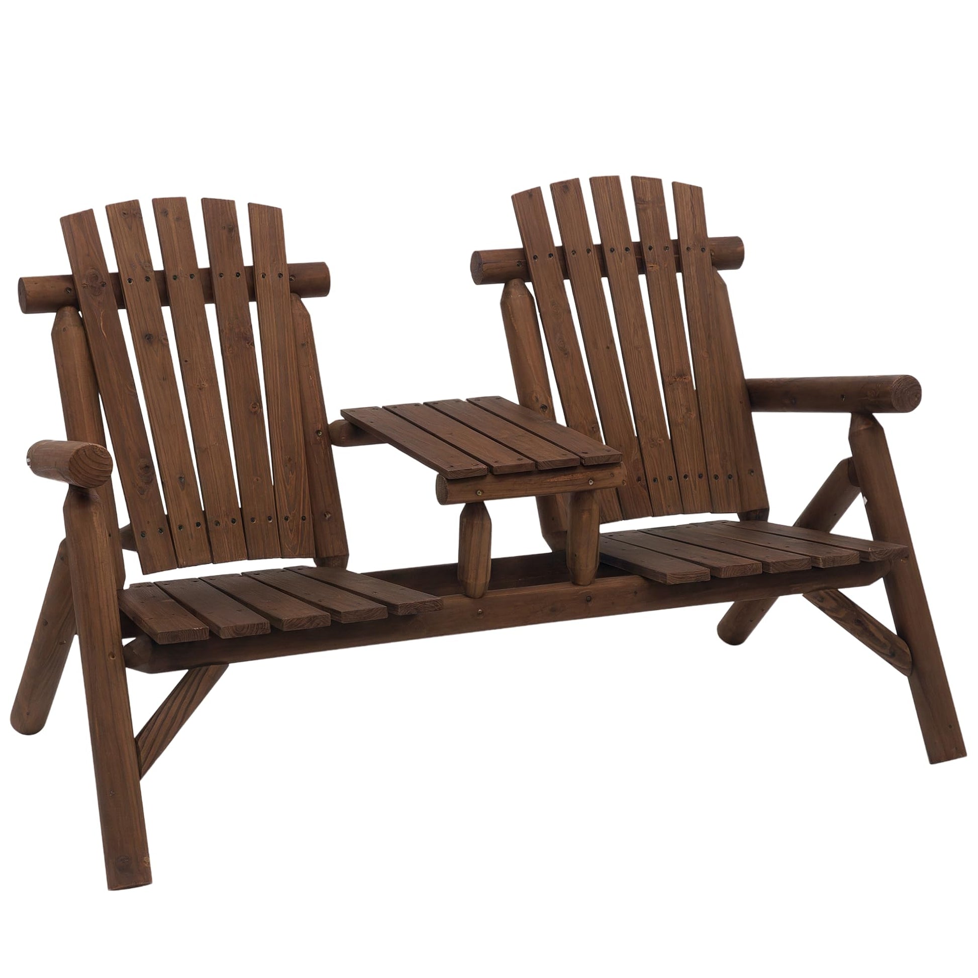 Outsunny 2-Seat Wooden Adirondack Chair, Patio Bench with Table, Outdoor Loveseat Fire Pit Chair for Porch, Backyard, Deck, Carbonized - CookCave
