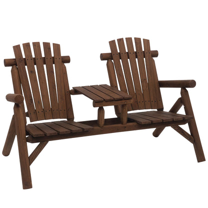 Outsunny 2-Seat Wooden Adirondack Chair, Patio Bench with Table, Outdoor Loveseat Fire Pit Chair for Porch, Backyard, Deck, Carbonized - CookCave