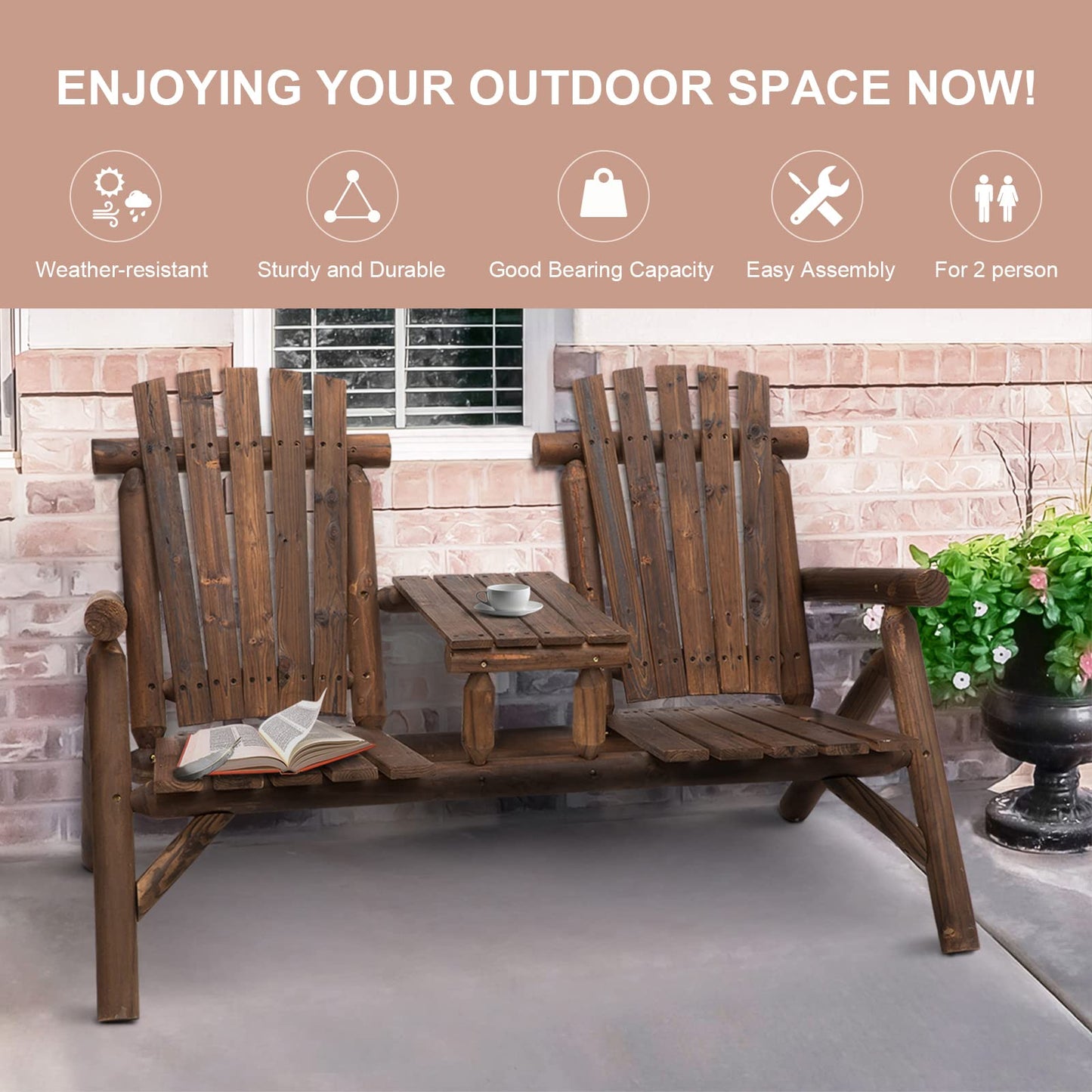 Outsunny 2-Seat Wooden Adirondack Chair, Patio Bench with Table, Outdoor Loveseat Fire Pit Chair for Porch, Backyard, Deck, Carbonized - CookCave