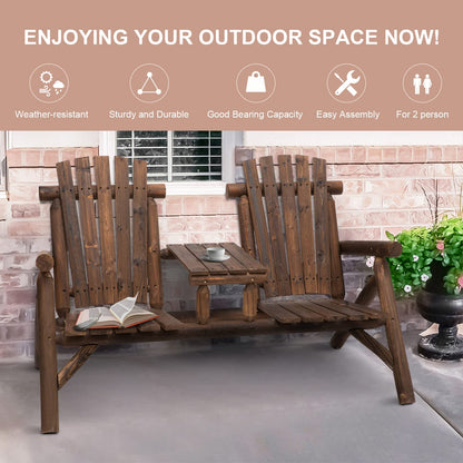 Outsunny 2-Seat Wooden Adirondack Chair, Patio Bench with Table, Outdoor Loveseat Fire Pit Chair for Porch, Backyard, Deck, Carbonized - CookCave