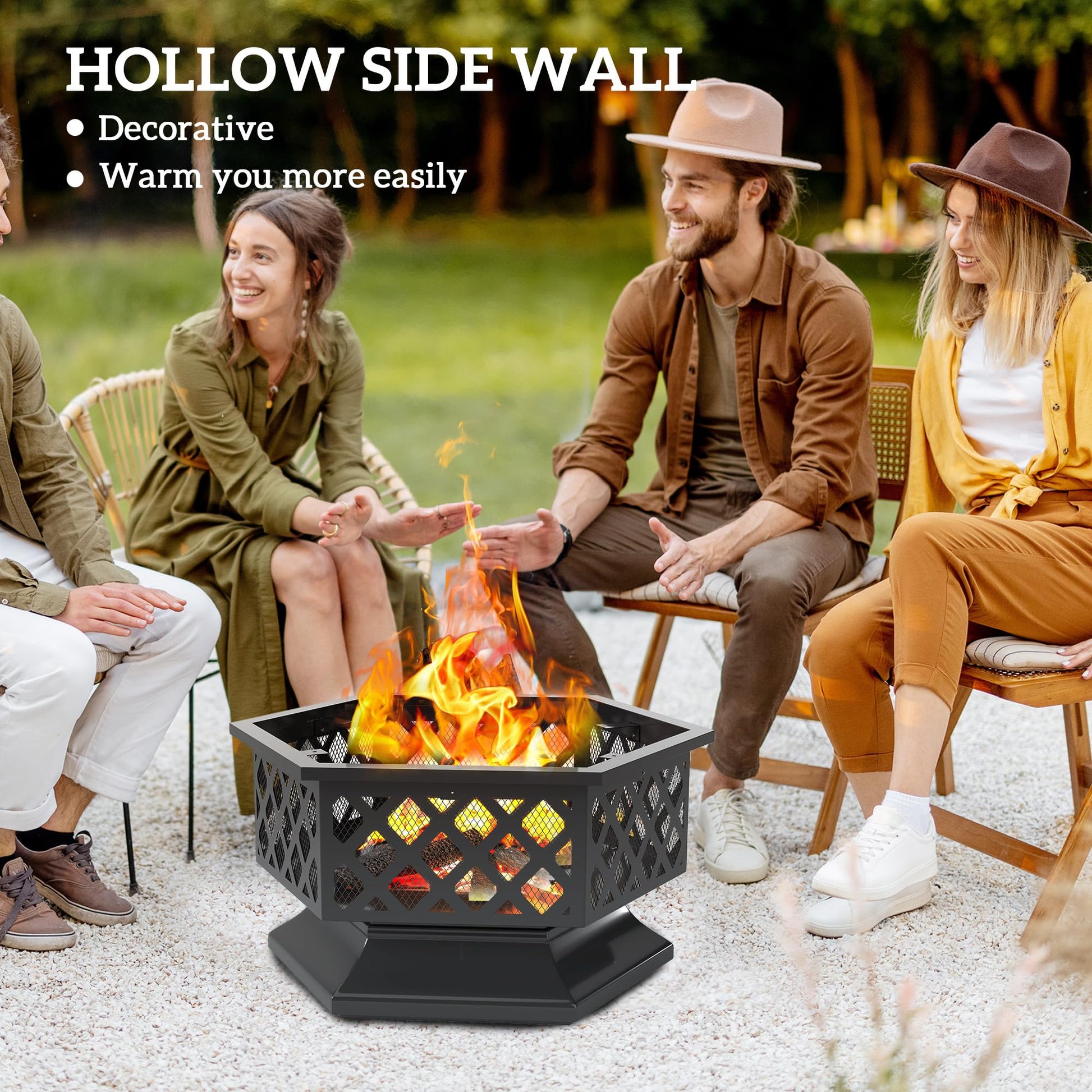 Outsunny 28" Outdoor Fire Pit Grill, Portable Wood Burning Firepit for Outside with Cooking Grate, Fire Poker, Spark Screen Lid, Steel Hexagon Fireplace for Patio Bonfire Backyard BBQ Camping Picnic - CookCave