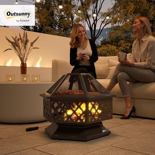 Outsunny 28" Outdoor Fire Pit Grill, Portable Wood Burning Firepit for Outside with Cooking Grate, Fire Poker, Spark Screen Lid, Steel Hexagon Fireplace for Patio Bonfire Backyard BBQ Camping Picnic - CookCave