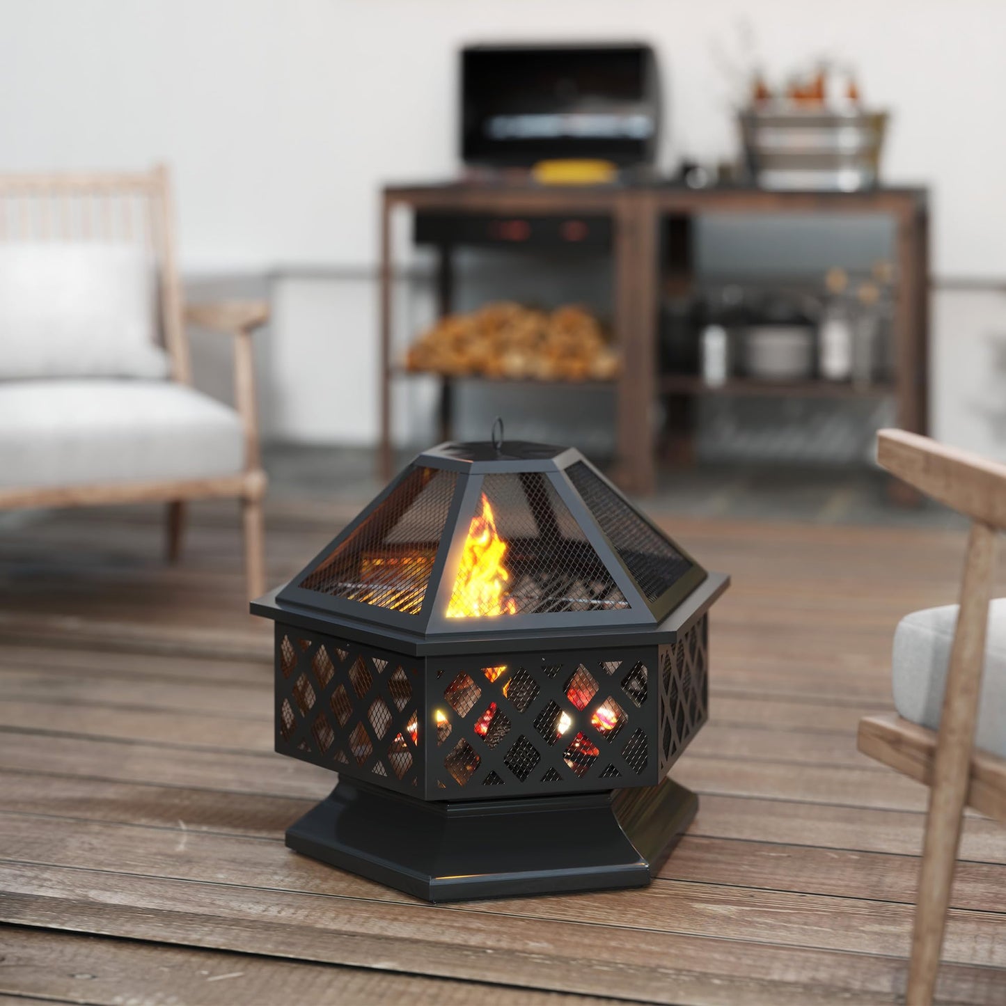 Outsunny 28" Outdoor Fire Pit Grill, Portable Wood Burning Firepit for Outside with Cooking Grate, Fire Poker, Spark Screen Lid, Steel Hexagon Fireplace for Patio Bonfire Backyard BBQ Camping Picnic - CookCave