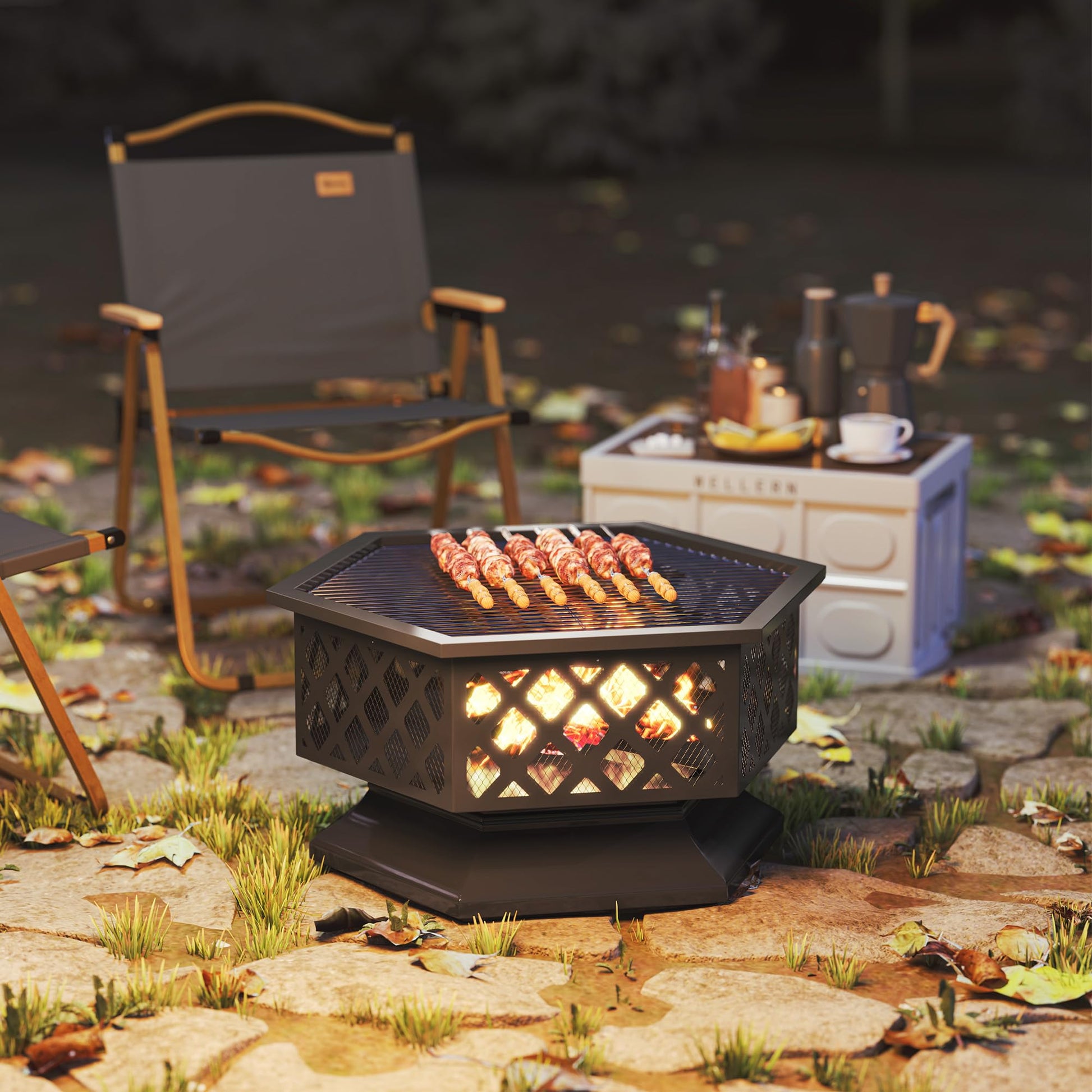 Outsunny 28" Outdoor Fire Pit Grill, Portable Wood Burning Firepit for Outside with Cooking Grate, Fire Poker, Spark Screen Lid, Steel Hexagon Fireplace for Patio Bonfire Backyard BBQ Camping Picnic - CookCave