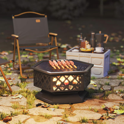 Outsunny 28" Outdoor Fire Pit Grill, Portable Wood Burning Firepit for Outside with Cooking Grate, Fire Poker, Spark Screen Lid, Steel Hexagon Fireplace for Patio Bonfire Backyard BBQ Camping Picnic - CookCave