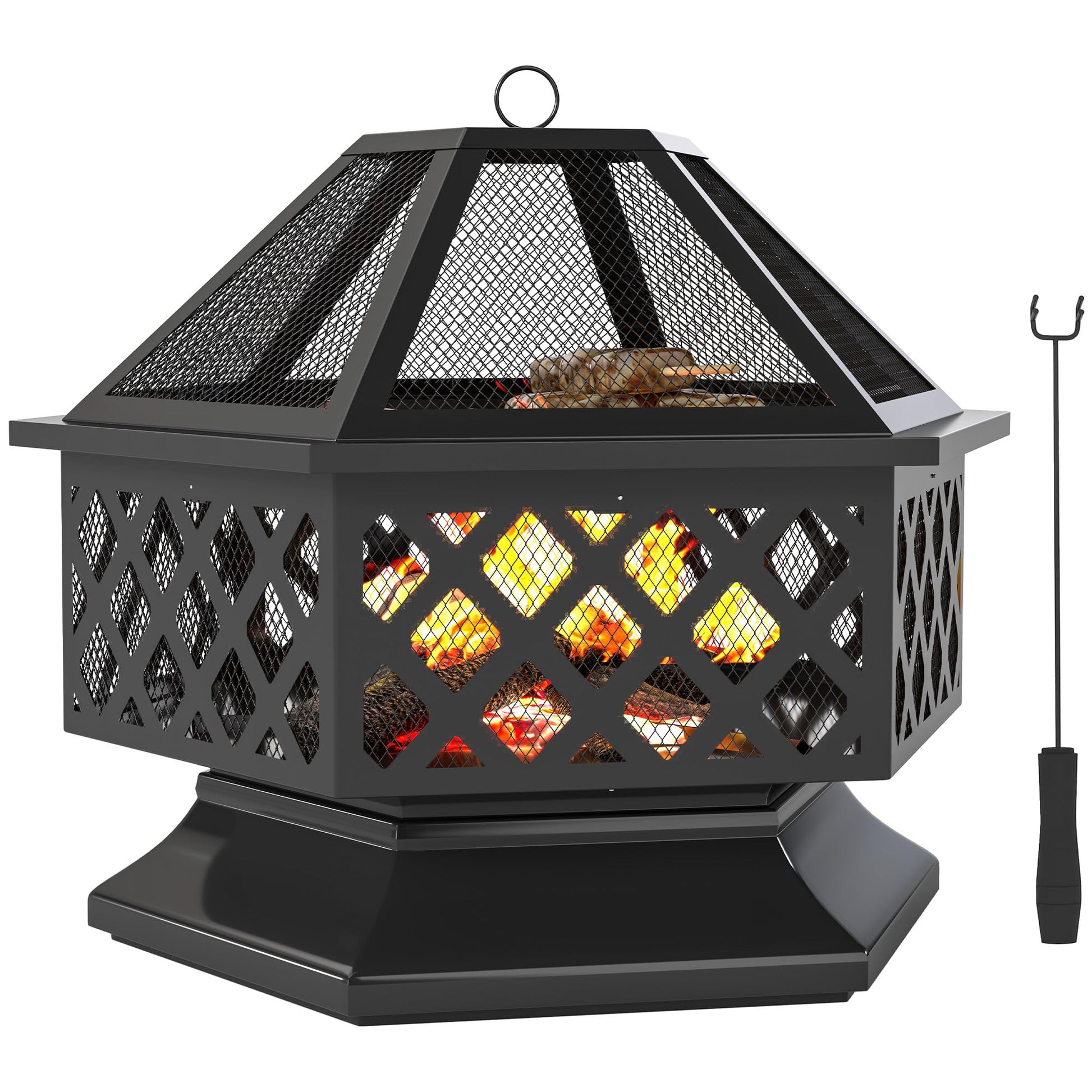 Outsunny 28" Outdoor Fire Pit Grill, Portable Wood Burning Firepit for Outside with Cooking Grate, Fire Poker, Spark Screen Lid, Steel Hexagon Fireplace for Patio Bonfire Backyard BBQ Camping Picnic - CookCave