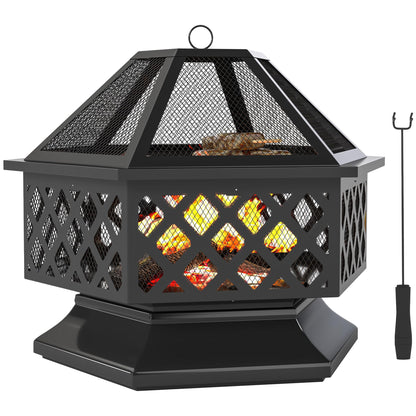 Outsunny 28" Outdoor Fire Pit Grill, Portable Wood Burning Firepit for Outside with Cooking Grate, Fire Poker, Spark Screen Lid, Steel Hexagon Fireplace for Patio Bonfire Backyard BBQ Camping Picnic - CookCave