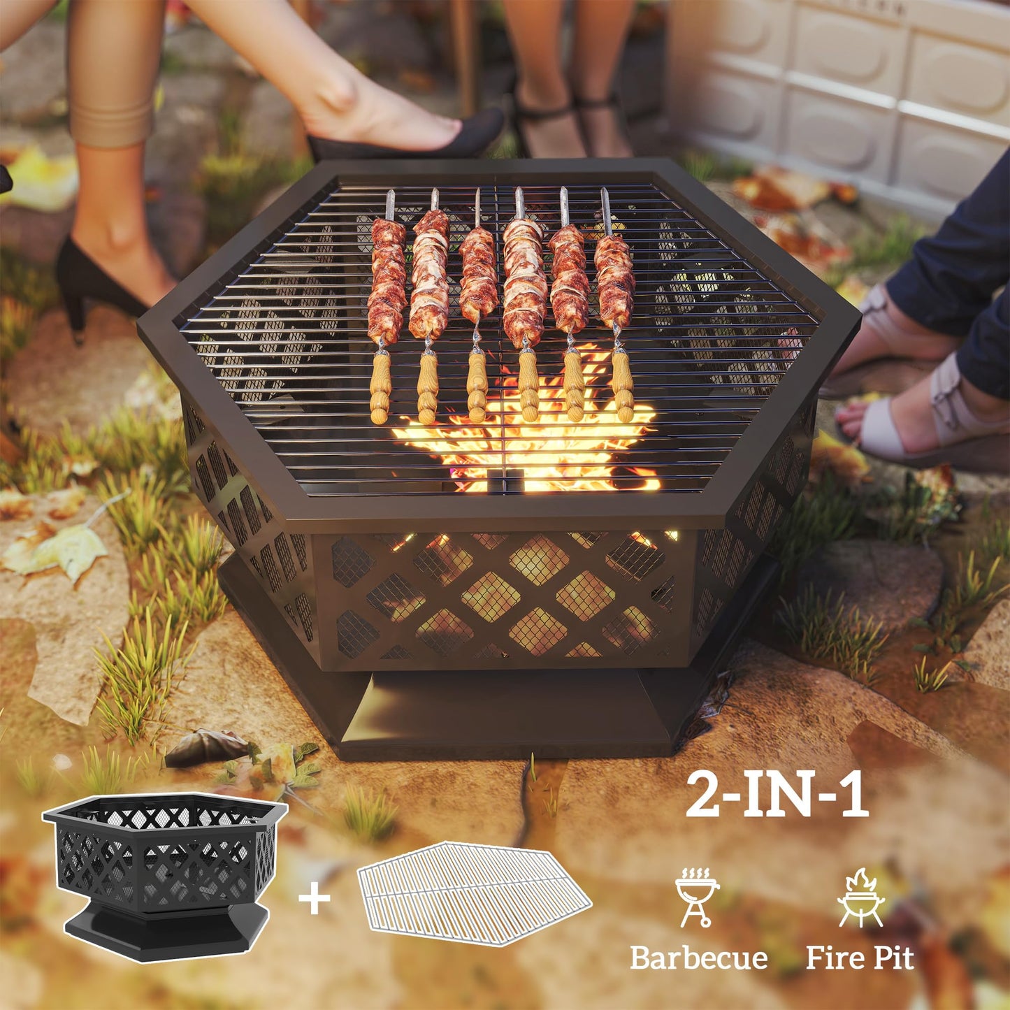 Outsunny 28" Outdoor Fire Pit Grill, Portable Wood Burning Firepit for Outside with Cooking Grate, Fire Poker, Spark Screen Lid, Steel Hexagon Fireplace for Patio Bonfire Backyard BBQ Camping Picnic - CookCave