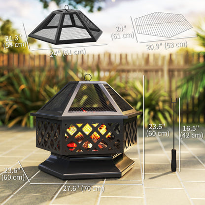 Outsunny 28" Outdoor Fire Pit Grill, Portable Wood Burning Firepit for Outside with Cooking Grate, Fire Poker, Spark Screen Lid, Steel Hexagon Fireplace for Patio Bonfire Backyard BBQ Camping Picnic - CookCave