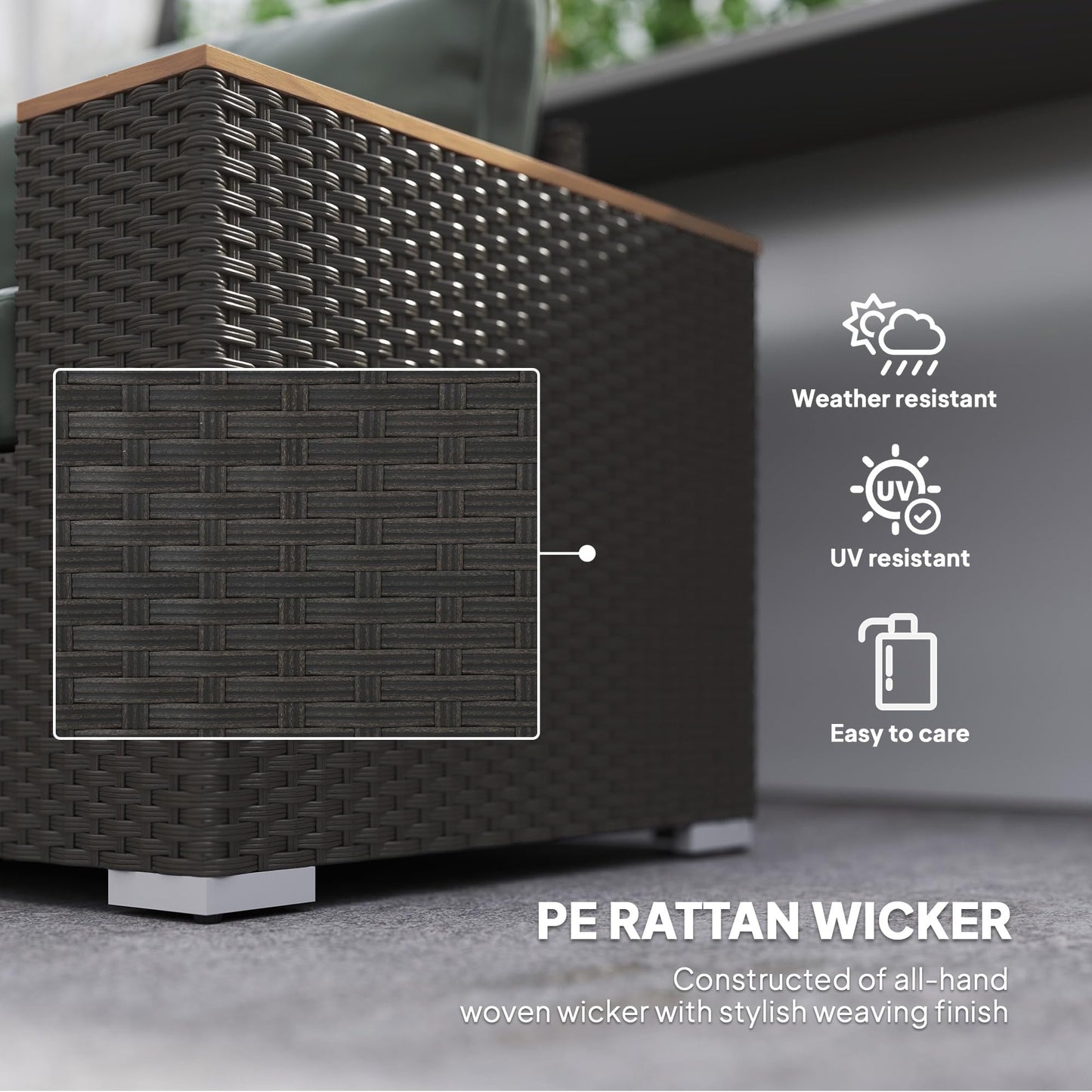 Outsunny 3-Seat Outdoor Patio Sofa with Cushions, PE Rattan Wicker Sofa with Wood Grain Wide Armrests, Outdoor Wicker Couch for Porch, Garden, Sunroom, Poolside, Dark Gray - CookCave