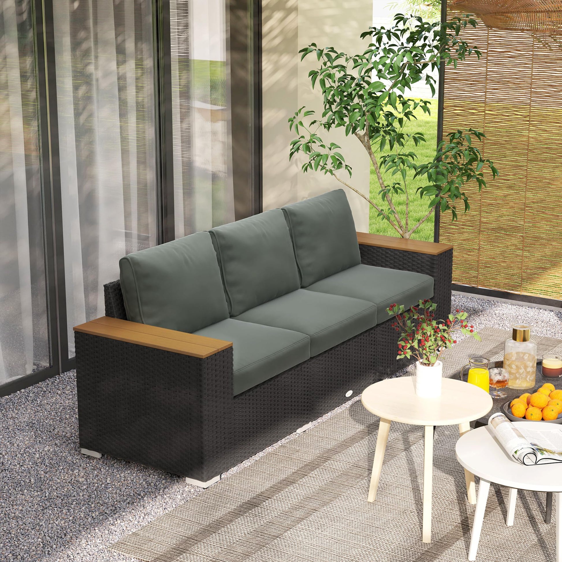 Outsunny 3-Seat Outdoor Patio Sofa with Cushions, PE Rattan Wicker Sofa with Wood Grain Wide Armrests, Outdoor Wicker Couch for Porch, Garden, Sunroom, Poolside, Dark Gray - CookCave