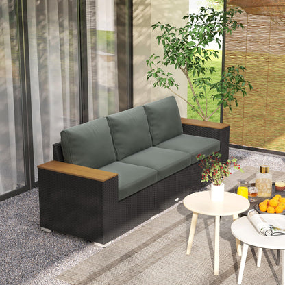 Outsunny 3-Seat Outdoor Patio Sofa with Cushions, PE Rattan Wicker Sofa with Wood Grain Wide Armrests, Outdoor Wicker Couch for Porch, Garden, Sunroom, Poolside, Dark Gray - CookCave