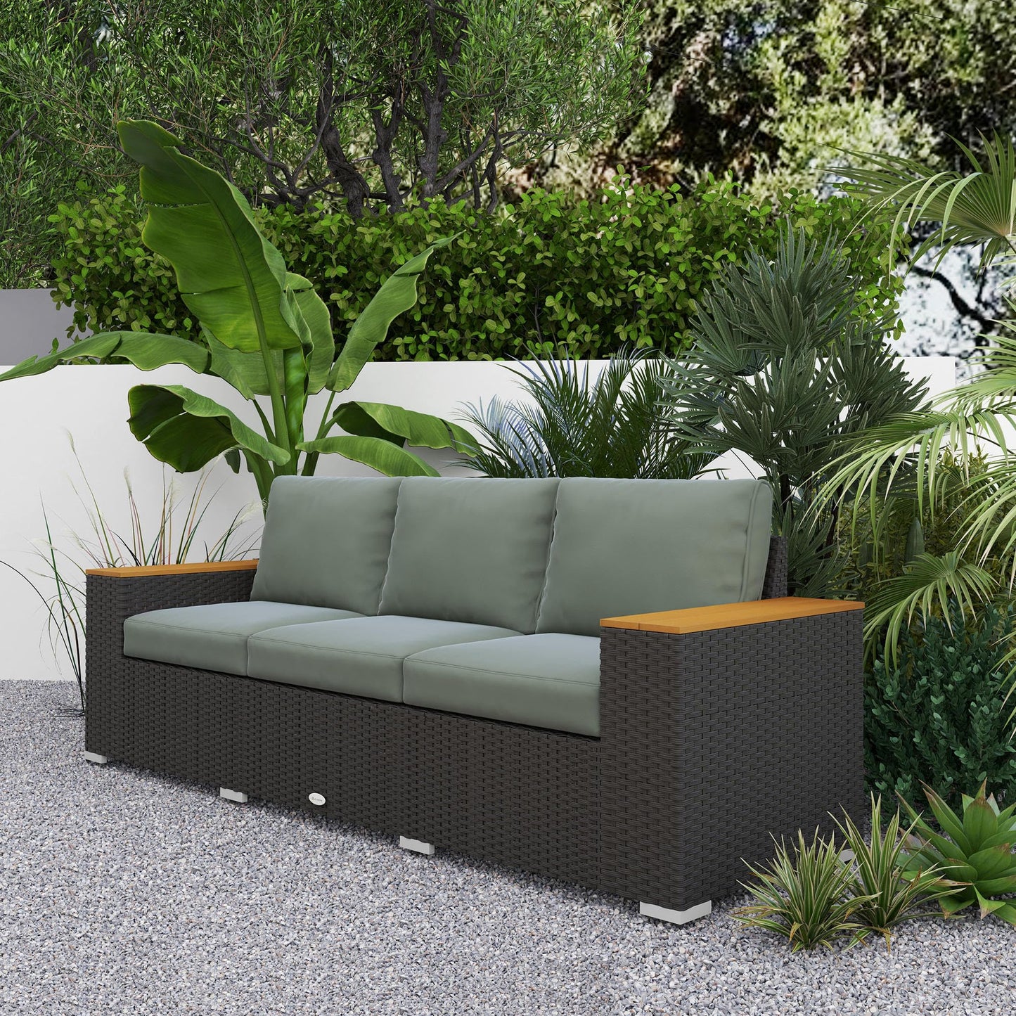 Outsunny 3-Seat Outdoor Patio Sofa with Cushions, PE Rattan Wicker Sofa with Wood Grain Wide Armrests, Outdoor Wicker Couch for Porch, Garden, Sunroom, Poolside, Dark Gray - CookCave