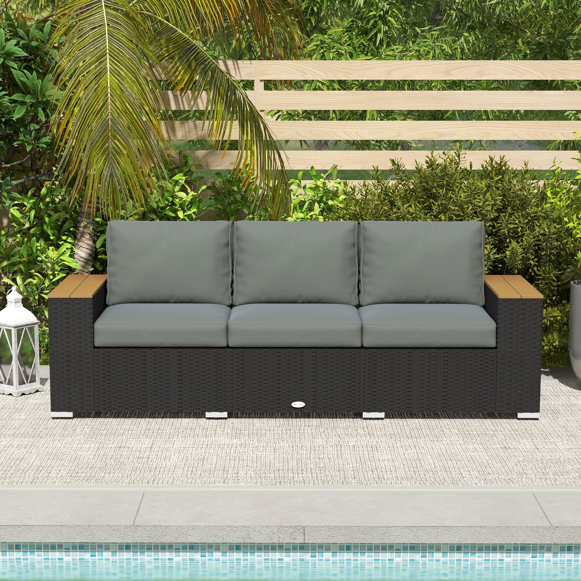 Outsunny 3-Seat Outdoor Patio Sofa with Cushions, PE Rattan Wicker Sofa with Wood Grain Wide Armrests, Outdoor Wicker Couch for Porch, Garden, Sunroom, Poolside, Dark Gray - CookCave