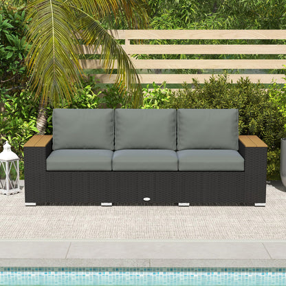 Outsunny 3-Seat Outdoor Patio Sofa with Cushions, PE Rattan Wicker Sofa with Wood Grain Wide Armrests, Outdoor Wicker Couch for Porch, Garden, Sunroom, Poolside, Dark Gray - CookCave