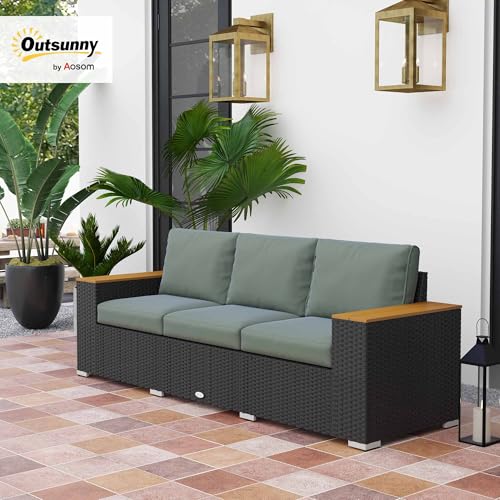 Outsunny 3-Seat Outdoor Patio Sofa with Cushions, PE Rattan Wicker Sofa with Wood Grain Wide Armrests, Outdoor Wicker Couch for Porch, Garden, Sunroom, Poolside, Dark Gray - CookCave