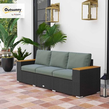 Outsunny 3-Seat Outdoor Patio Sofa with Cushions, PE Rattan Wicker Sofa with Wood Grain Wide Armrests, Outdoor Wicker Couch for Porch, Garden, Sunroom, Poolside, Dark Gray - CookCave