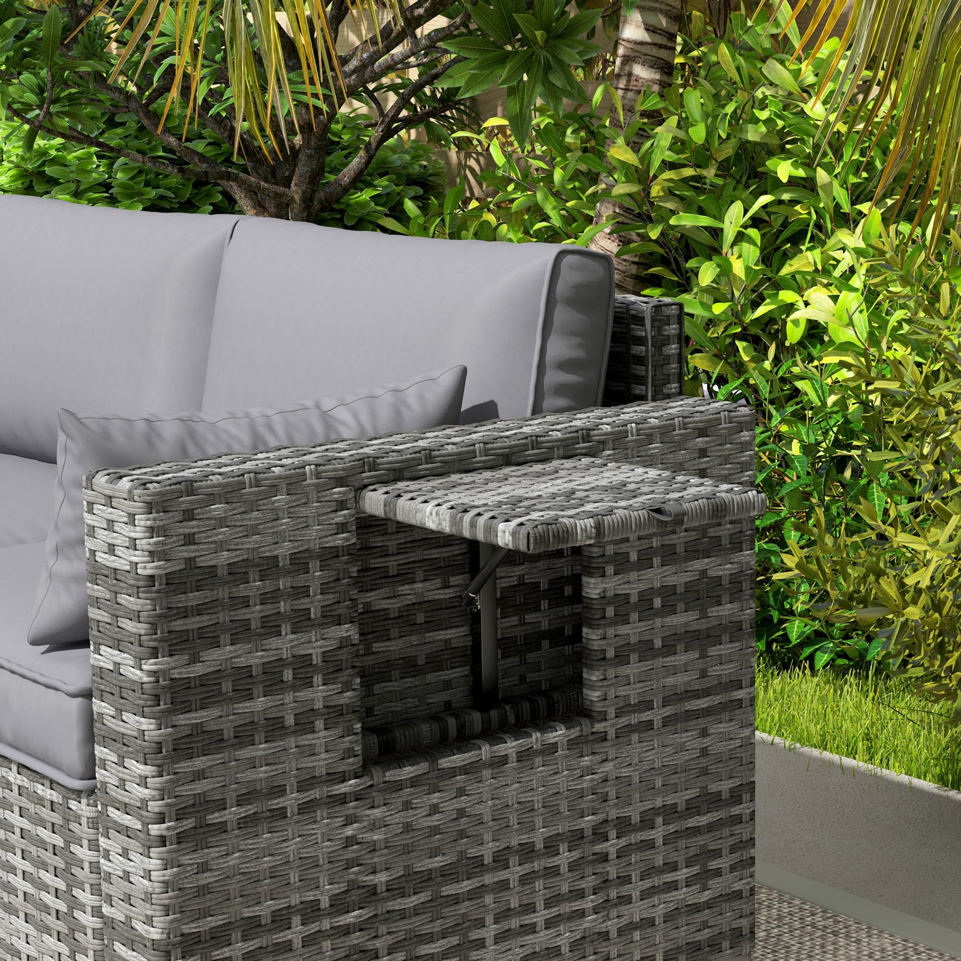 Outsunny 3 Seater Wicker Sofa with Side Tray Tables, Rattan Outdoor Patio Sofa with 6" Thick Back Cushions, Outdoor Wicker Couch with Deep Seating, Pillows for Porch, Garden, Backyard, Mixed Gray - CookCave