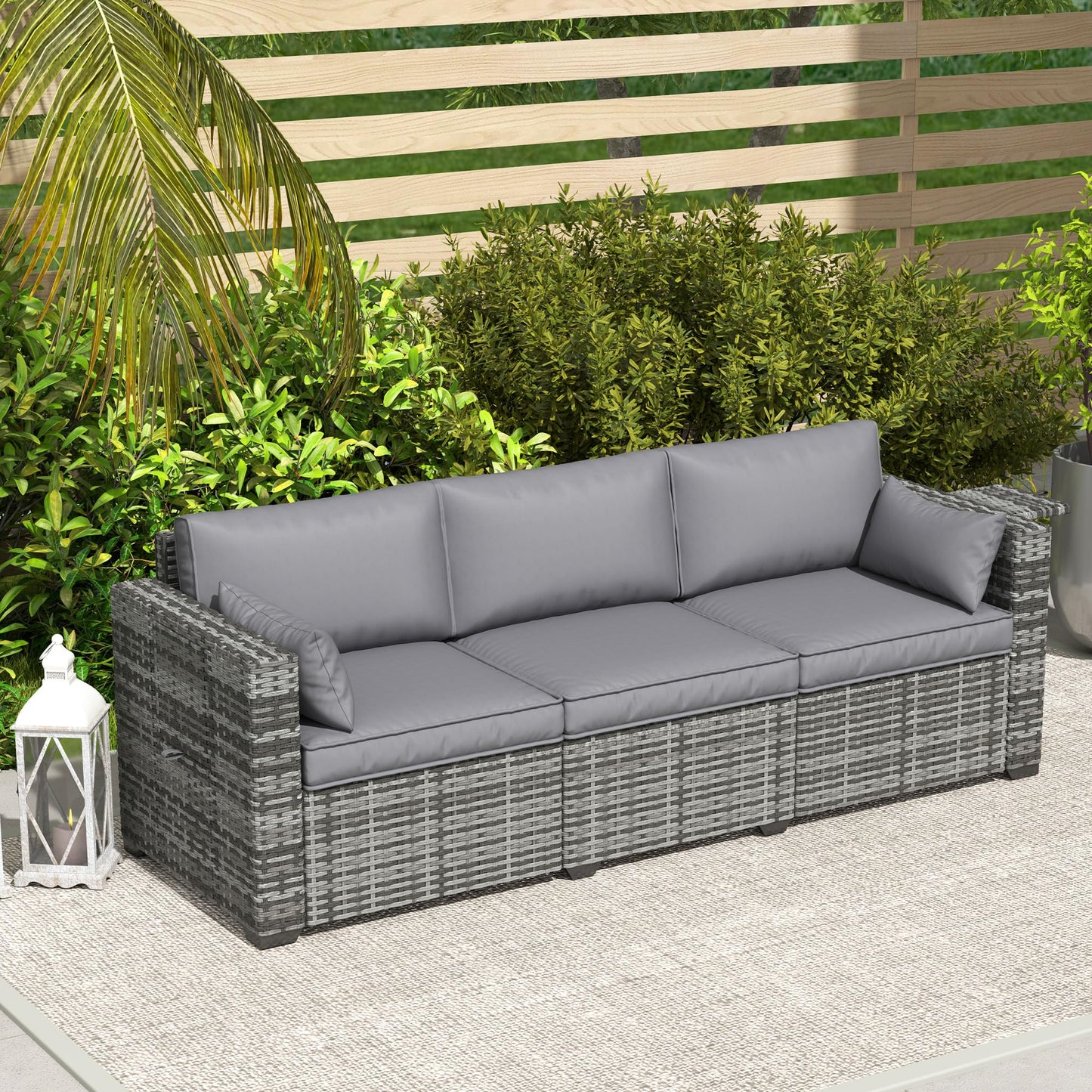 Outsunny 3 Seater Wicker Sofa with Side Tray Tables, Rattan Outdoor Patio Sofa with 6" Thick Back Cushions, Outdoor Wicker Couch with Deep Seating, Pillows for Porch, Garden, Backyard, Mixed Gray - CookCave