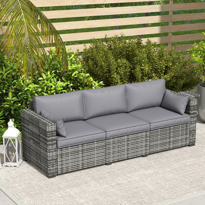 Outsunny 3 Seater Wicker Sofa with Side Tray Tables, Rattan Outdoor Patio Sofa with 6" Thick Back Cushions, Outdoor Wicker Couch with Deep Seating, Pillows for Porch, Garden, Backyard, Mixed Gray - CookCave