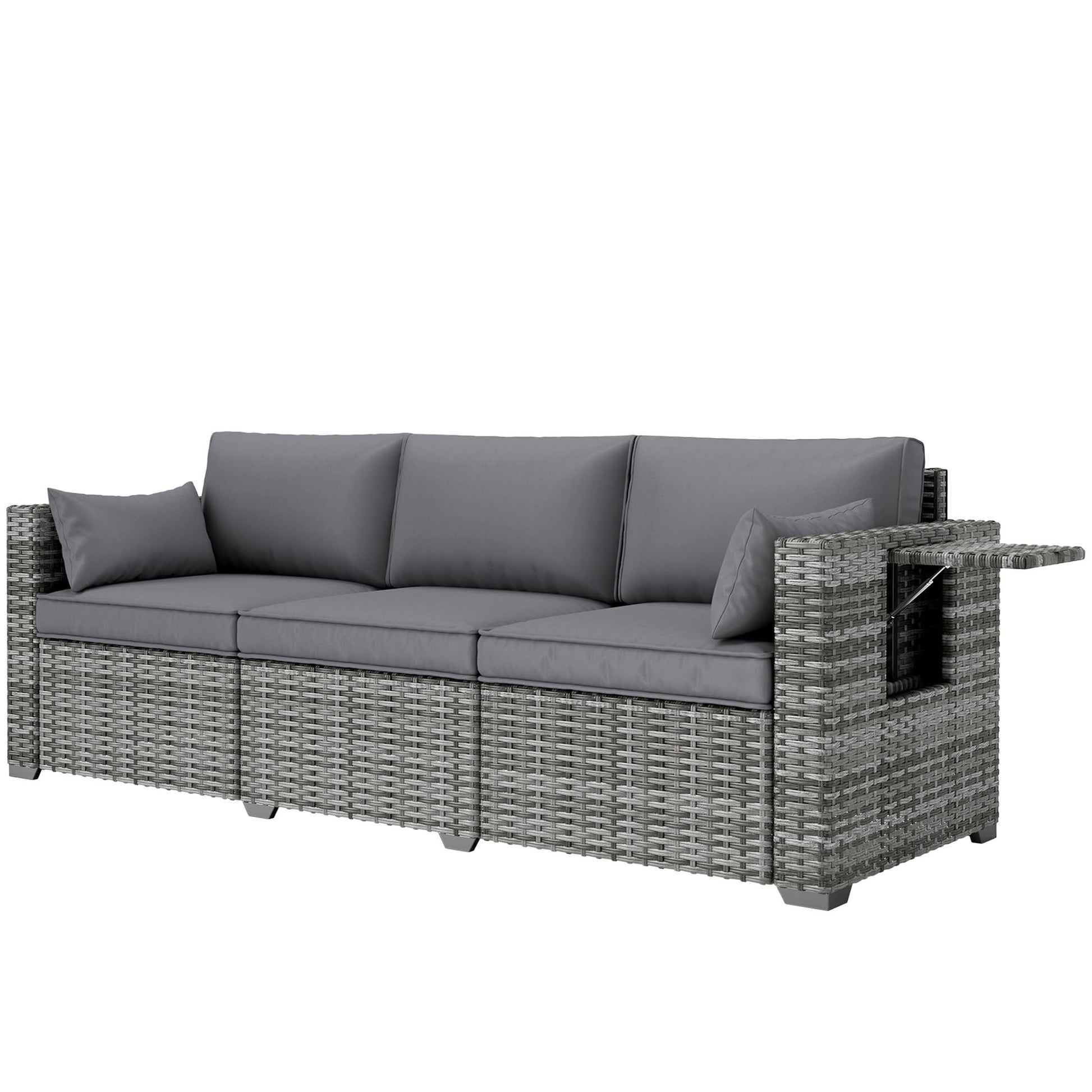 Outsunny 3 Seater Wicker Sofa with Side Tray Tables, Rattan Outdoor Patio Sofa with 6" Thick Back Cushions, Outdoor Wicker Couch with Deep Seating, Pillows for Porch, Garden, Backyard, Mixed Gray - CookCave
