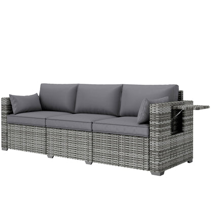 Outsunny 3 Seater Wicker Sofa with Side Tray Tables, Rattan Outdoor Patio Sofa with 6" Thick Back Cushions, Outdoor Wicker Couch with Deep Seating, Pillows for Porch, Garden, Backyard, Mixed Gray - CookCave