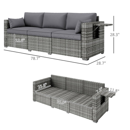 Outsunny 3 Seater Wicker Sofa with Side Tray Tables, Rattan Outdoor Patio Sofa with 6" Thick Back Cushions, Outdoor Wicker Couch with Deep Seating, Pillows for Porch, Garden, Backyard, Mixed Gray - CookCave