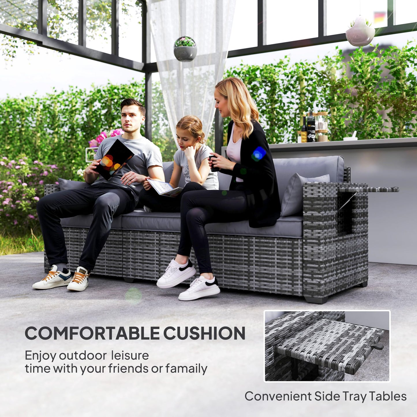 Outsunny 3 Seater Wicker Sofa with Side Tray Tables, Rattan Outdoor Patio Sofa with 6" Thick Back Cushions, Outdoor Wicker Couch with Deep Seating, Pillows for Porch, Garden, Backyard, Mixed Gray - CookCave