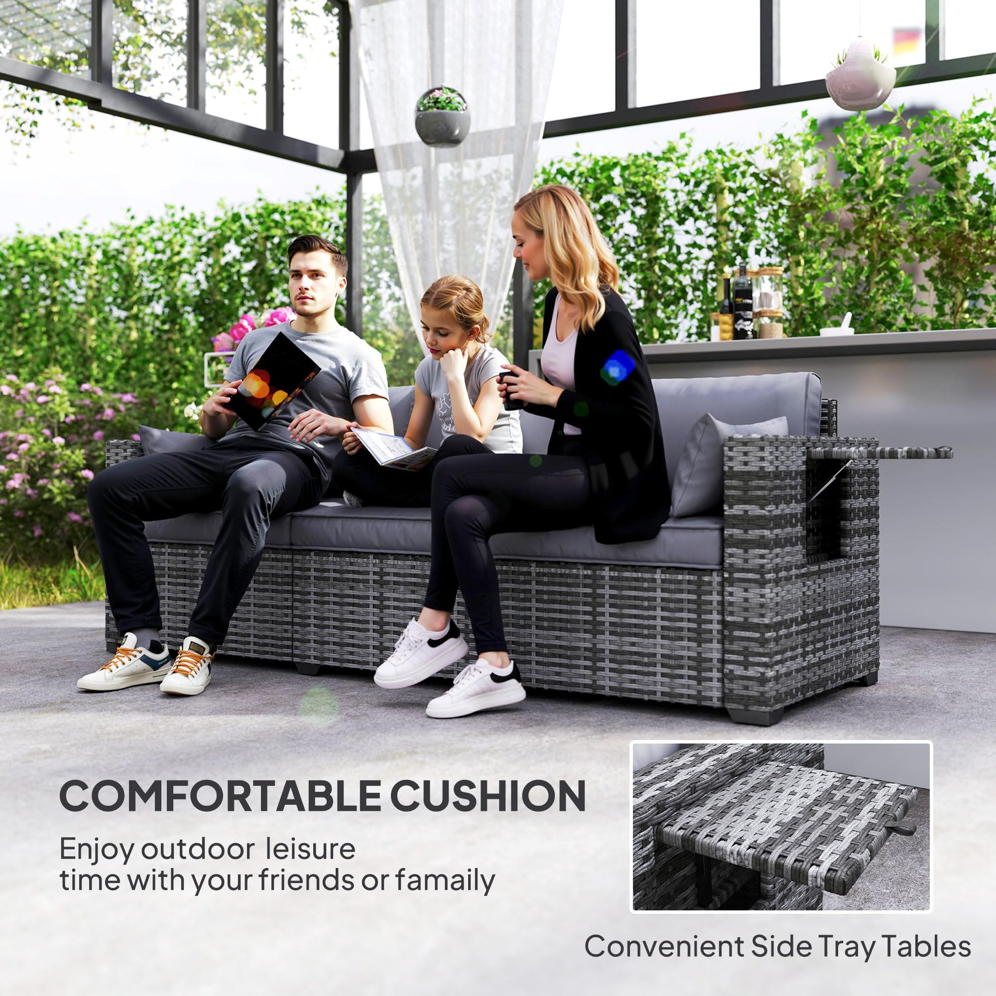 Outsunny 3 Seater Wicker Sofa with Side Tray Tables, Rattan Outdoor Patio Sofa with 6" Thick Back Cushions, Outdoor Wicker Couch with Deep Seating, Pillows for Porch, Garden, Backyard, Mixed Gray - CookCave