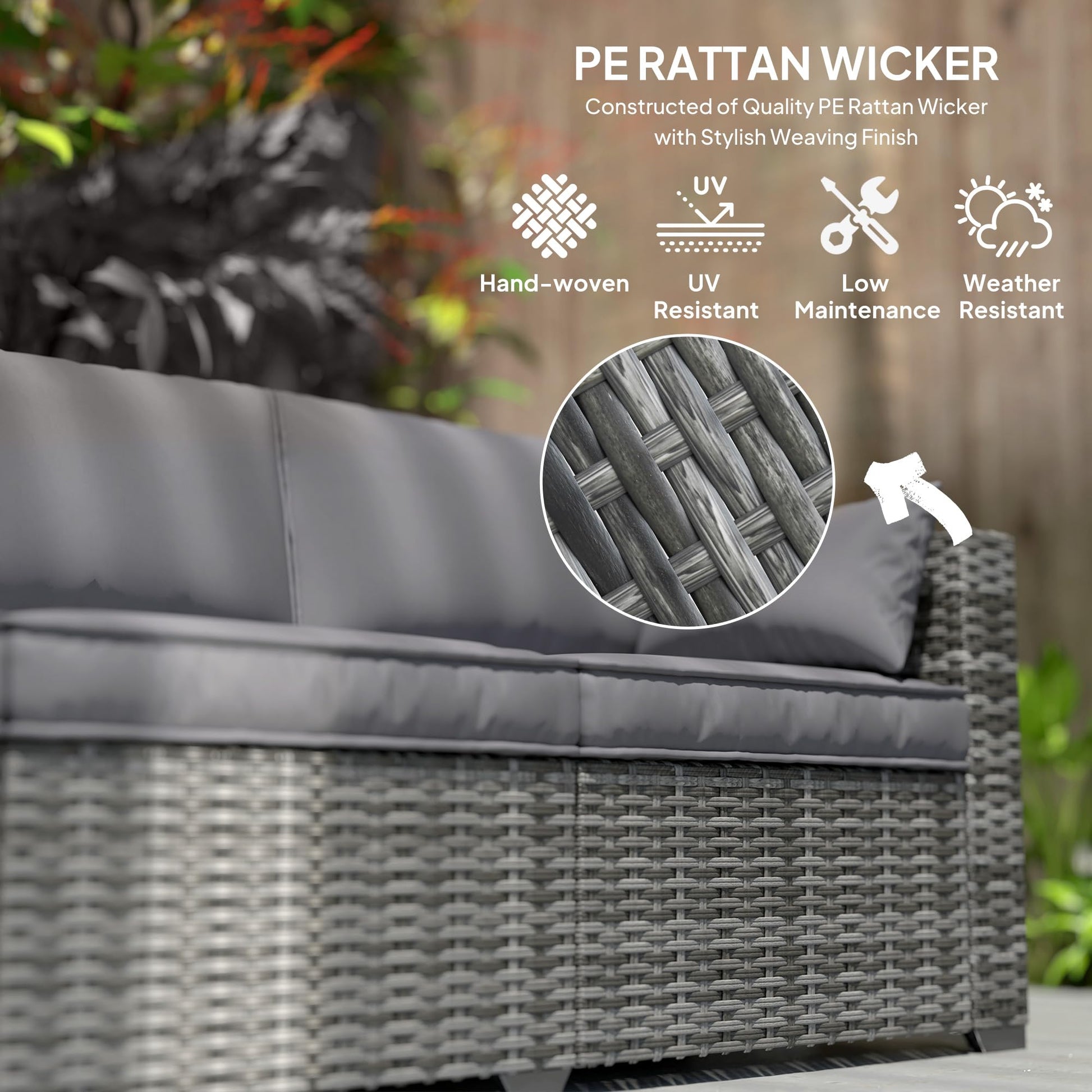 Outsunny 3 Seater Wicker Sofa with Side Tray Tables, Rattan Outdoor Patio Sofa with 6" Thick Back Cushions, Outdoor Wicker Couch with Deep Seating, Pillows for Porch, Garden, Backyard, Mixed Gray - CookCave