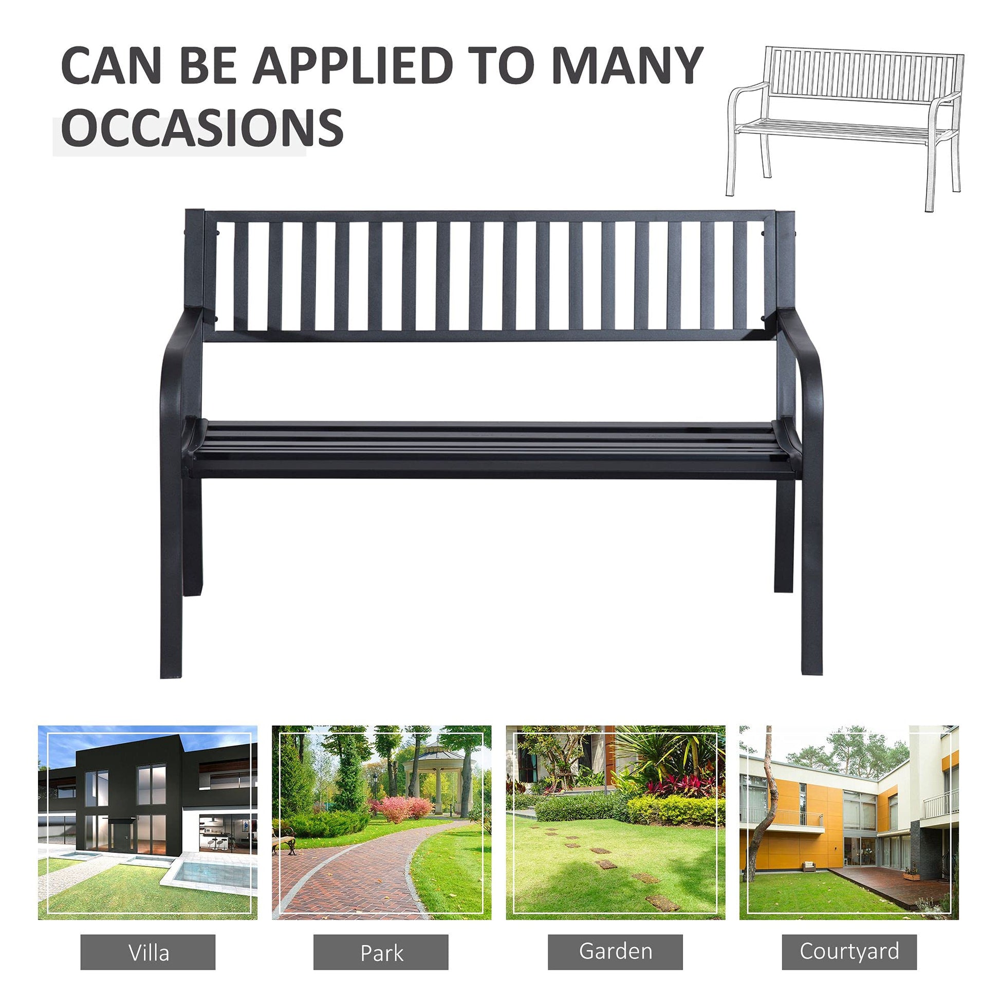 Outsunny 50" Outdoor Garden Bench, Patio Bench with Slatted Seat, Metal Porch Bench for Backyard, Poolside, Lawn, Black - CookCave