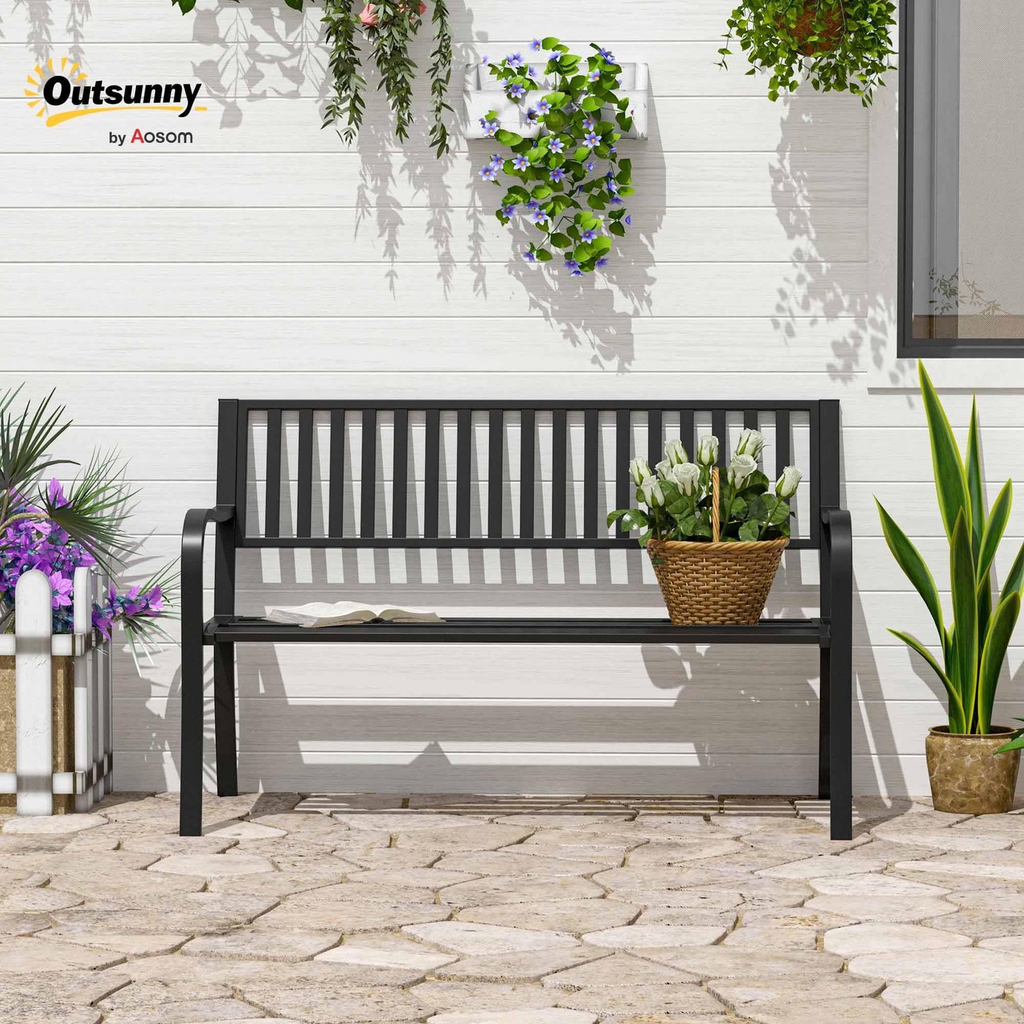 Outsunny 50" Outdoor Garden Bench, Patio Bench with Slatted Seat, Metal Porch Bench for Backyard, Poolside, Lawn, Black - CookCave