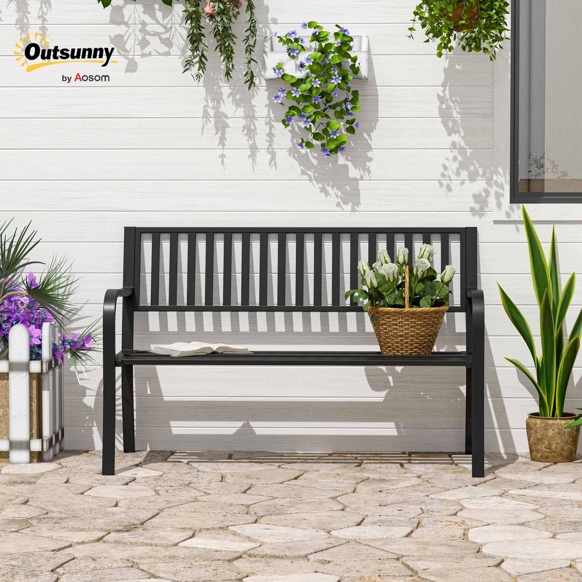 Outsunny 50" Outdoor Garden Bench, Patio Bench with Slatted Seat, Metal Porch Bench for Backyard, Poolside, Lawn, Black - CookCave