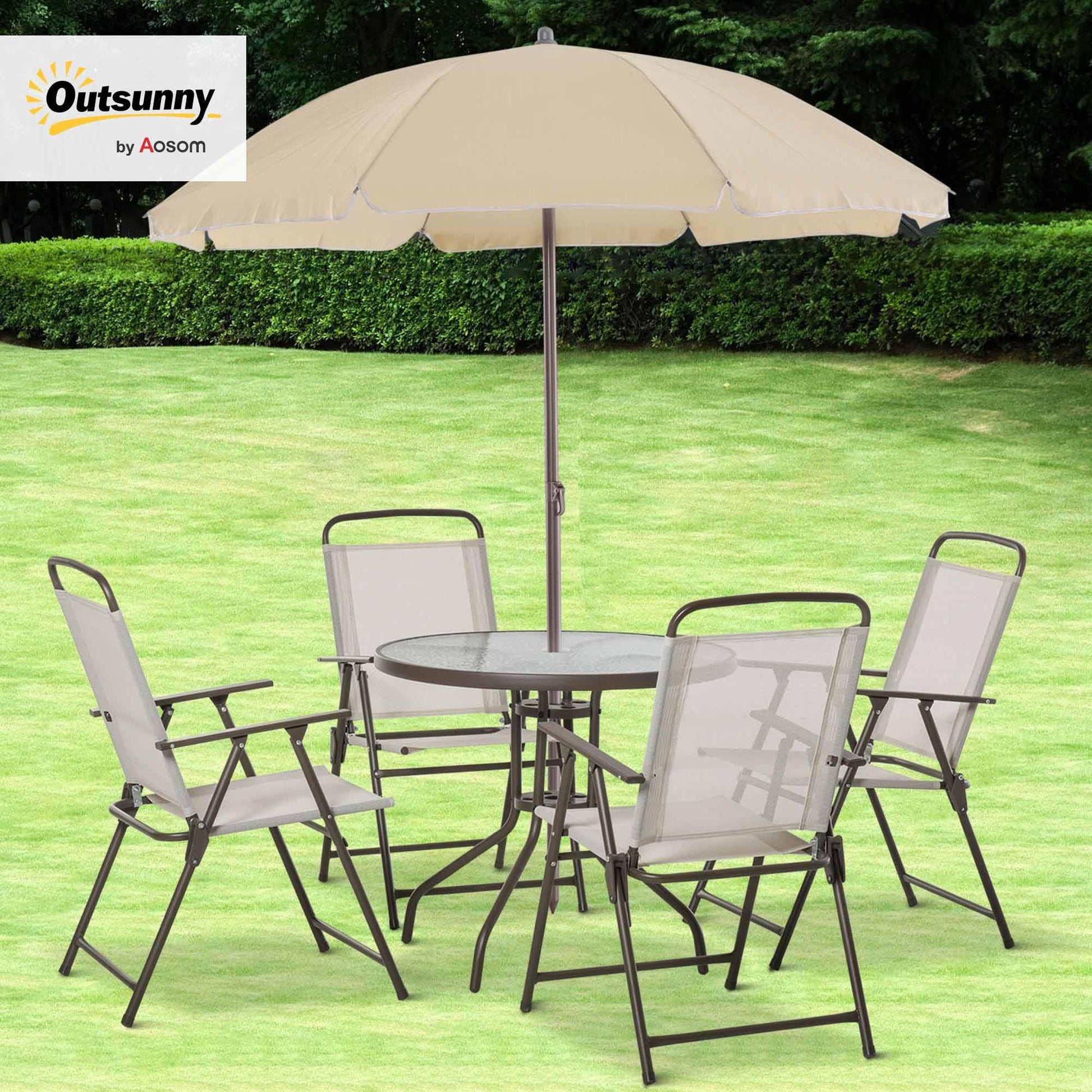 Outsunny 6 Piece Patio Dining Set for 4 with Umbrella, Outdoor Table and Chairs with 4 Folding Dining Chairs & Round Glass Table for Garden, Backyard and Poolside, Beige - CookCave
