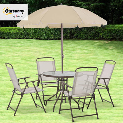 Outsunny 6 Piece Patio Dining Set for 4 with Umbrella, Outdoor Table and Chairs with 4 Folding Dining Chairs & Round Glass Table for Garden, Backyard and Poolside, Beige - CookCave