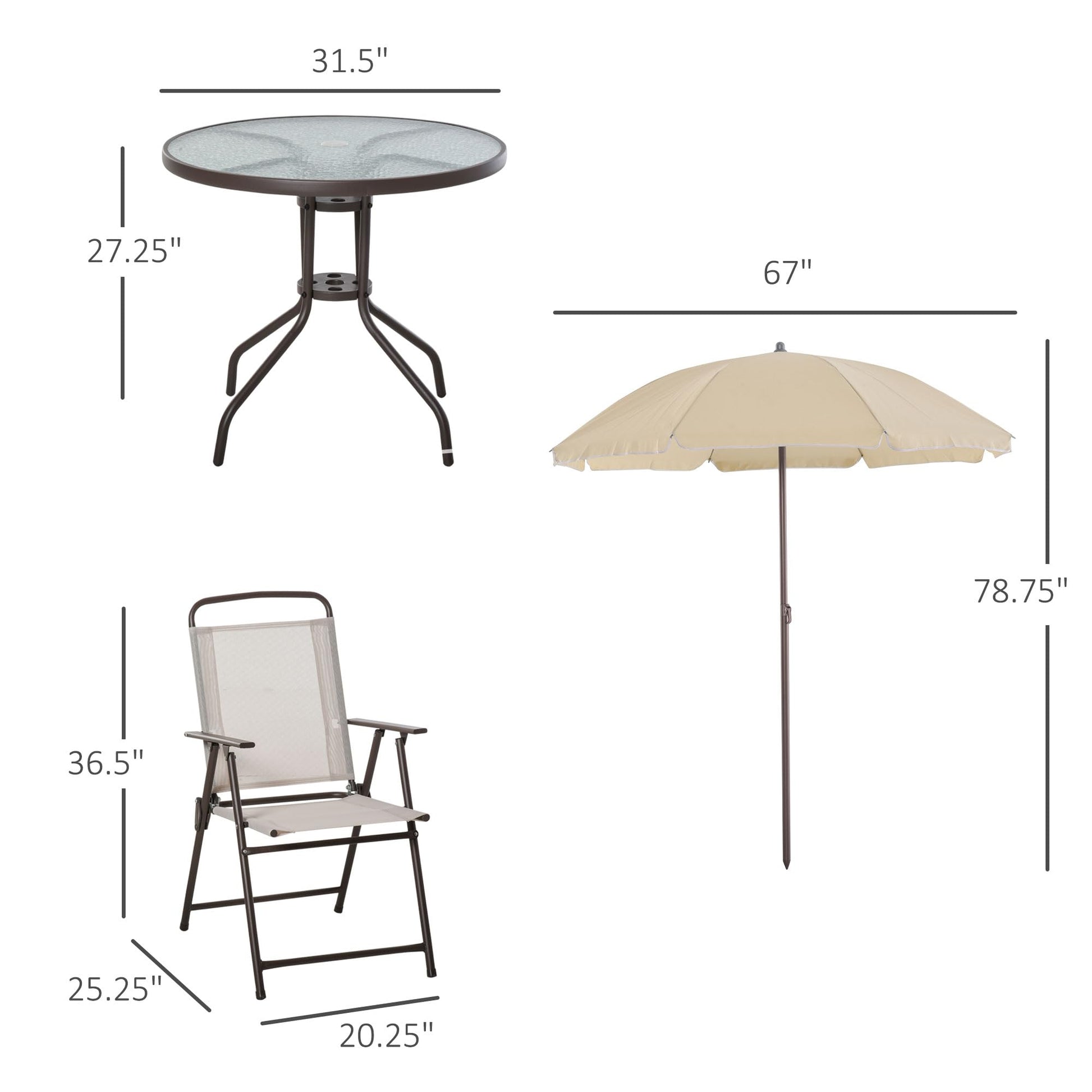 Outsunny 6 Piece Patio Dining Set for 4 with Umbrella, Outdoor Table and Chairs with 4 Folding Dining Chairs & Round Glass Table for Garden, Backyard and Poolside, Beige - CookCave