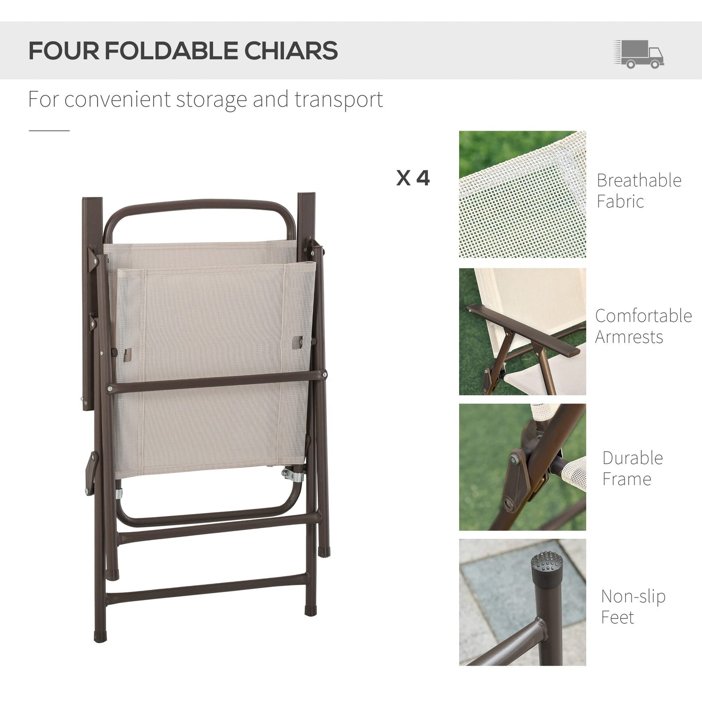 Outsunny 6 Piece Patio Dining Set for 4 with Umbrella, Outdoor Table and Chairs with 4 Folding Dining Chairs & Round Glass Table for Garden, Backyard and Poolside, Beige - CookCave