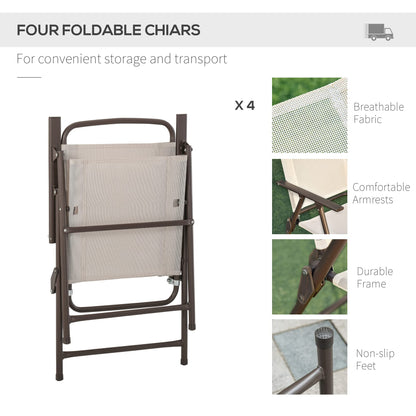 Outsunny 6 Piece Patio Dining Set for 4 with Umbrella, Outdoor Table and Chairs with 4 Folding Dining Chairs & Round Glass Table for Garden, Backyard and Poolside, Beige - CookCave