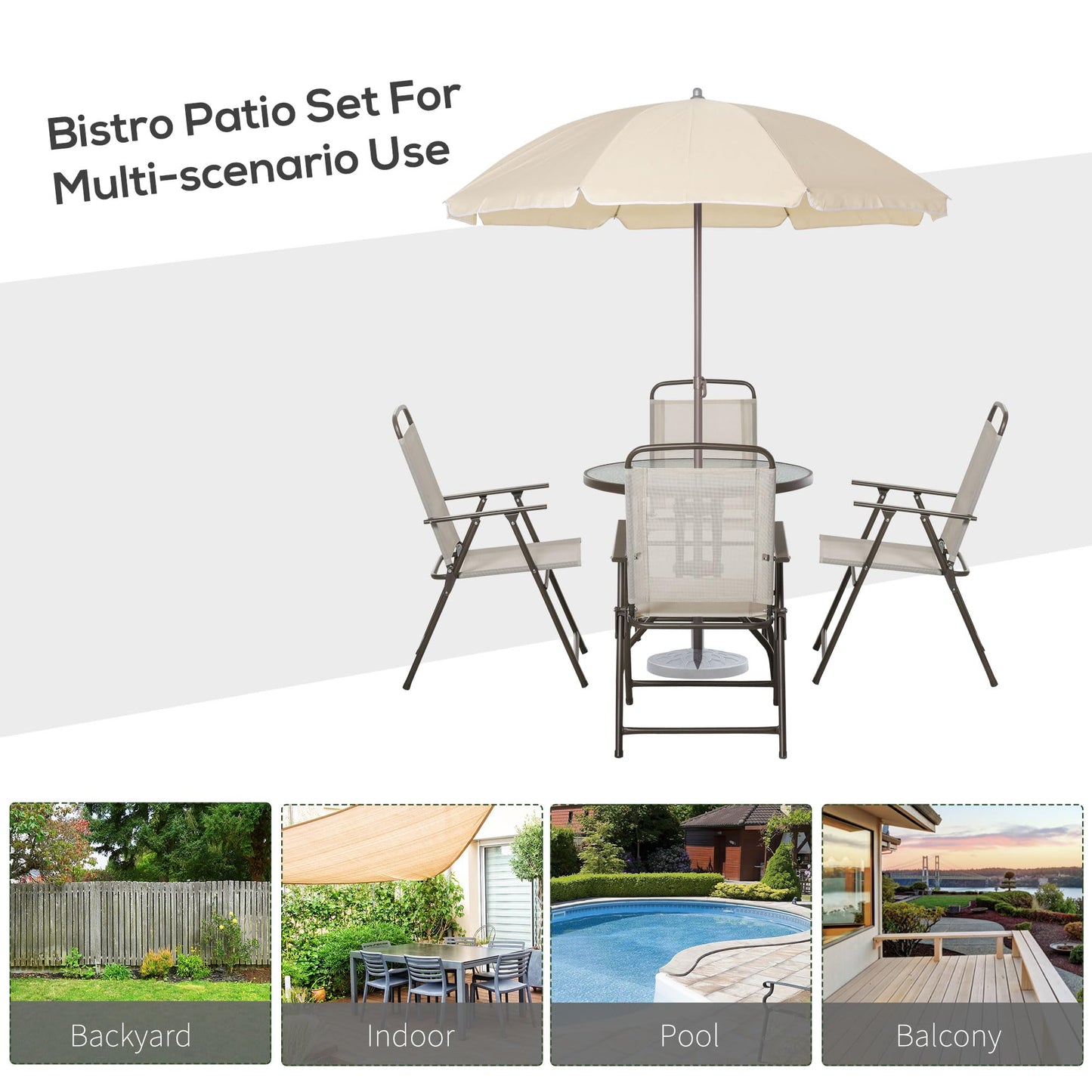 Outsunny 6 Piece Patio Dining Set for 4 with Umbrella, Outdoor Table and Chairs with 4 Folding Dining Chairs & Round Glass Table for Garden, Backyard and Poolside, Beige - CookCave