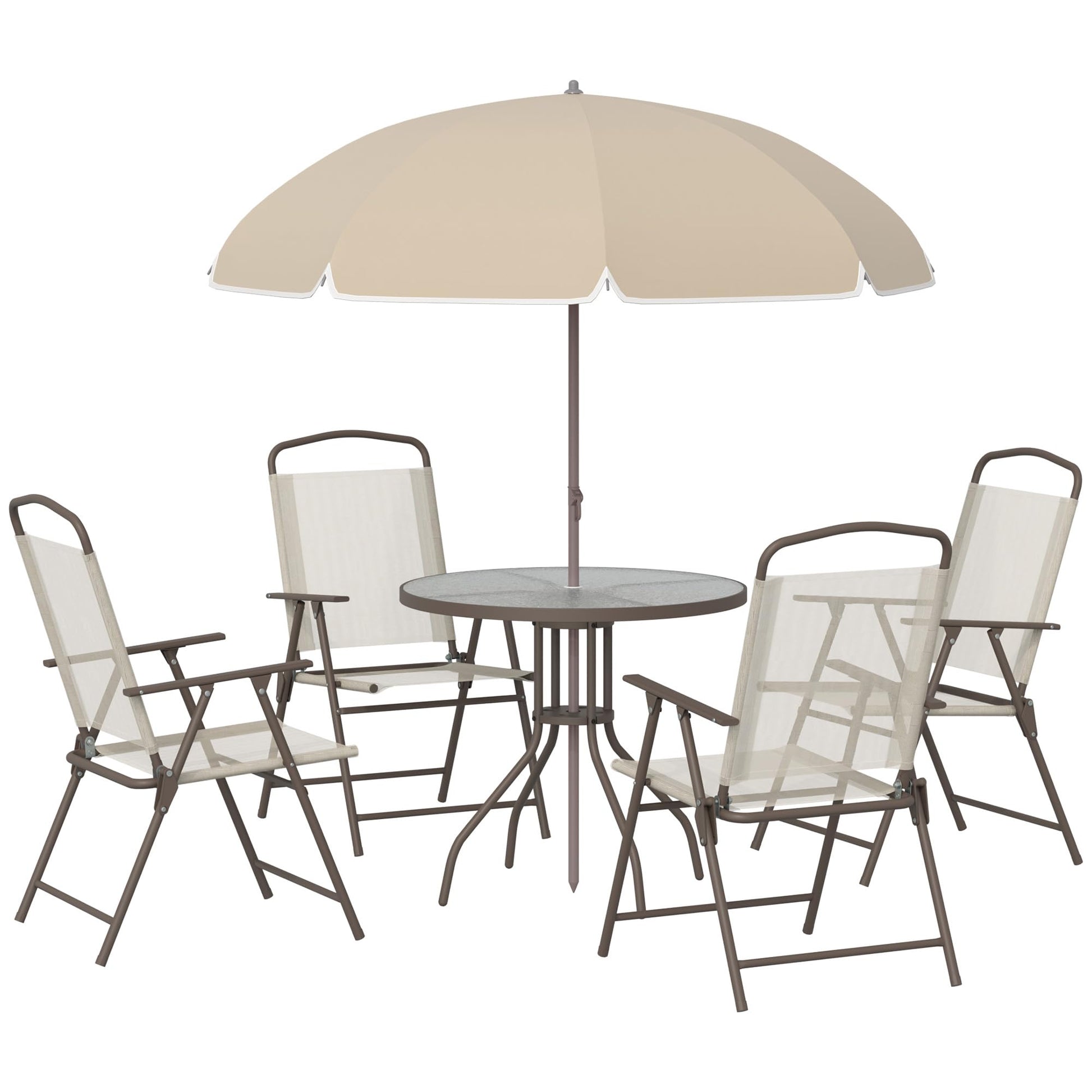 Outsunny 6 Piece Patio Dining Set for 4 with Umbrella, Outdoor Table and Chairs with 4 Folding Dining Chairs & Round Glass Table for Garden, Backyard and Poolside, Beige - CookCave